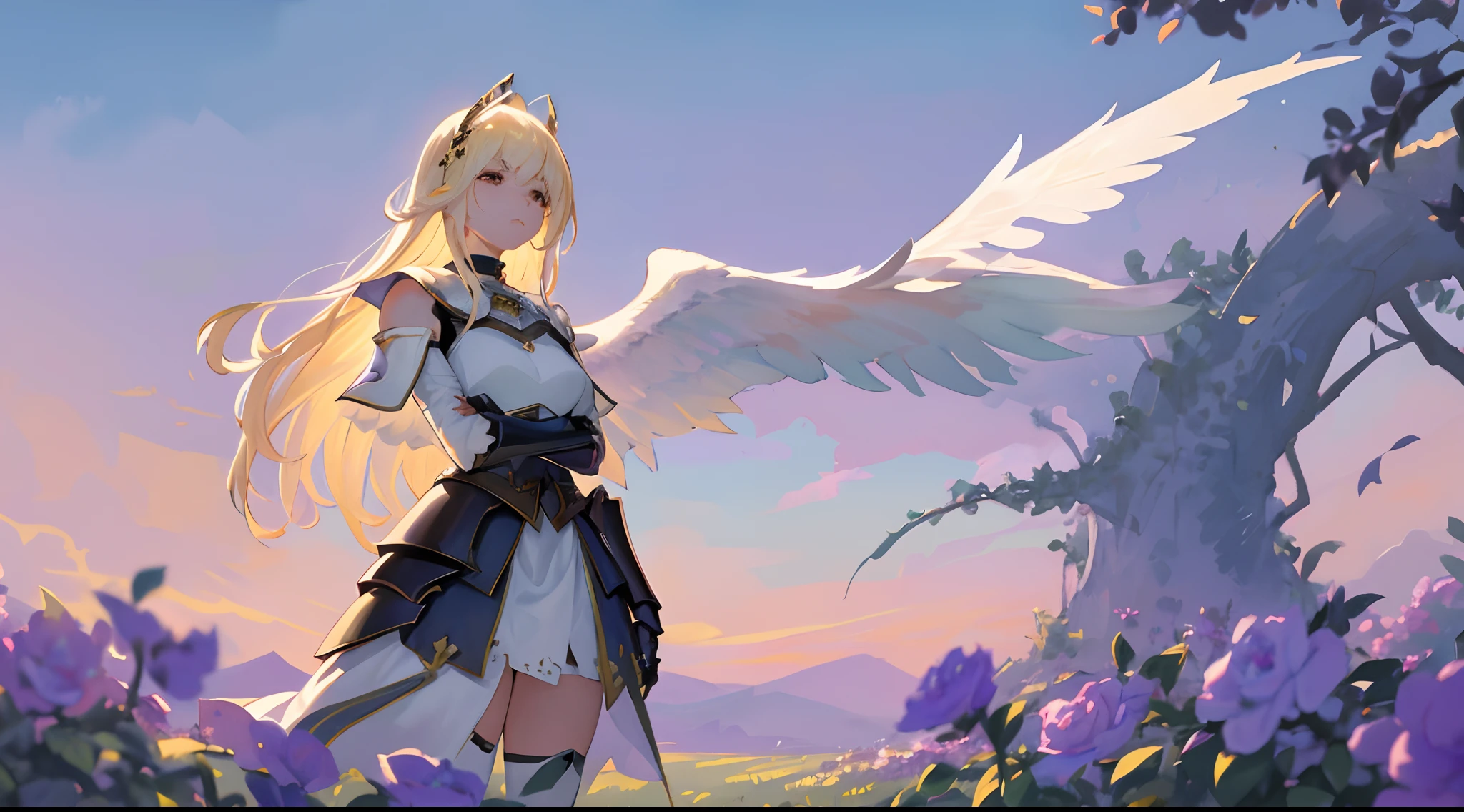 Original Character, Fantasy Concept Art, Volumetric Lighting, Best Shadows, Shallow Depth of Field, Portrait Of Noble Knight Man, Dignified, Delicate Tactical Heavy Armor, Opaque Visor, Face Armor, Pauldrons, Tasset Belt, Gauntlet, Poleyn, High Quality Armor Texture, Broad Shoulders, Extremely Tall. Sword Scabbard, Standing Tall, Crossed Arms, Looking At Viewer, Glaring Sunlight, Rose Garden, Rose Thornbush, (Highest Quality, Amazing Details:1.25), (Solo:1.3), Brilliant Colorful Paintings A soft, watercolor backdrop in muted shades of lavender, sky blue, and pale gold represents the early morning sky. Positioned centrally is a delicate silhouette of a lark, its wings outstretched in mid-flight. Below, gentle strokes depict a meadow, with hints of dewdrops glistening on grass and the faintest impressions of dragonflies hovering above. The overall effect is dreamy, ethereal, and deeply calming. best quality, ultra high res, 1girl, sleeveless white button shirt, black skirt, black choker, cute, (Kpop idol), (aegyo sal:1), (platinum blonde hair:1), ((puffy eyes)), looking at viewer, full body, facing front