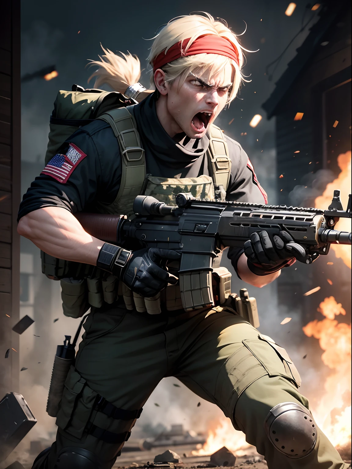 male focus, mercenary, combat boots, red headband, aiming and firing an m4 carbine, angry, screaming, rifle shell casings, war zone, muzzle flash, solo
