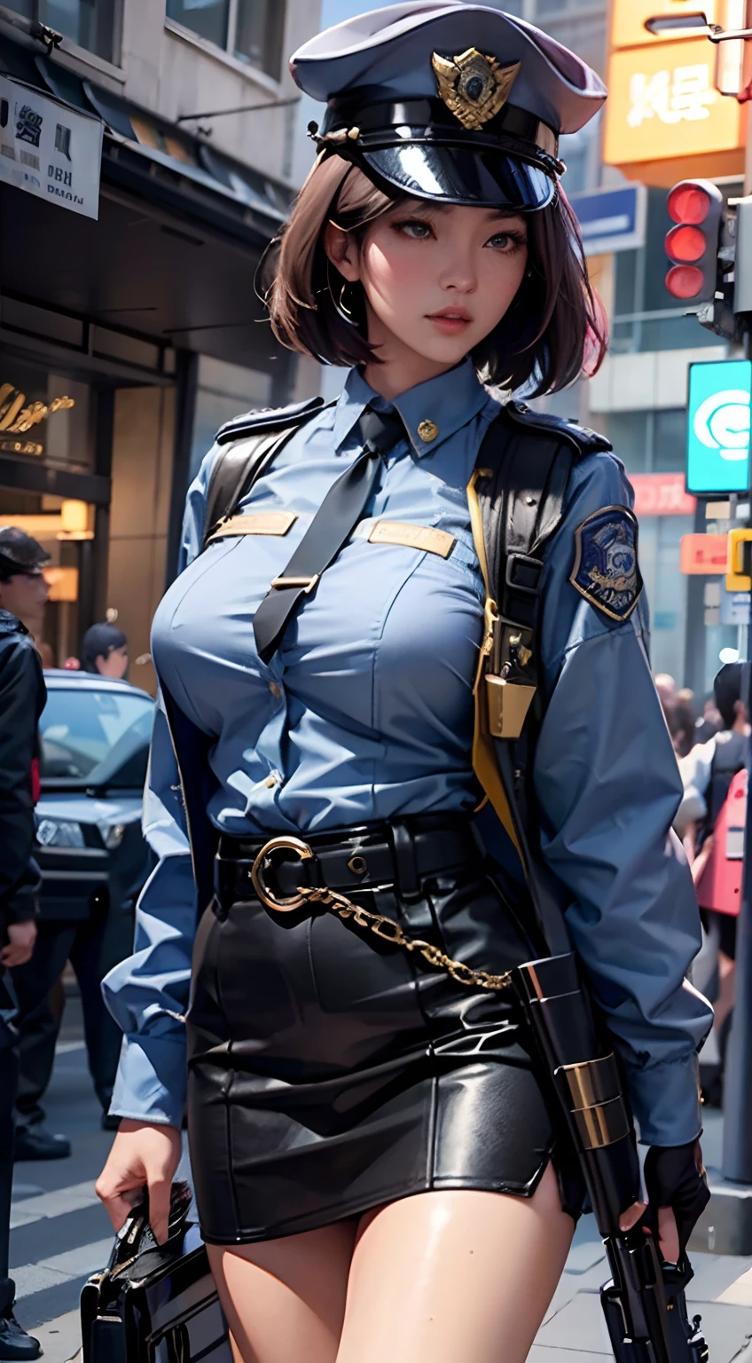 A Japanese woman walking in the city,Buildings,A plant,ssmile,Mixed Korean,The background is blurred out,focal,电影灯光,(((tmasterpiece))), ((best qualtiy)), ((Complex and detailed)), ((ultra-realistic realism)), Ridiculous resolution, A MILF, Mature woman, ssee-through, highly detailed, illustratio, 1girll, (huge tit), Thin waist and thick hips,long leges,beatiful detailed eyes, short detailed hair, brunette color hair, a purple eye, (police uniforms:1.2),police hat,Police uniform,a skirt,Police jacket,Lace,gossamer,obi strip,Battle pack,Multifunctional belt set,Leggings bag,The rear of the gun,intercom,handcuff,Lunette de soleil,(underdressing), pantiess, high-heels,detailed back ground, perfect eyes, Seductive eye, looking at viewert, From the front,Wear light,