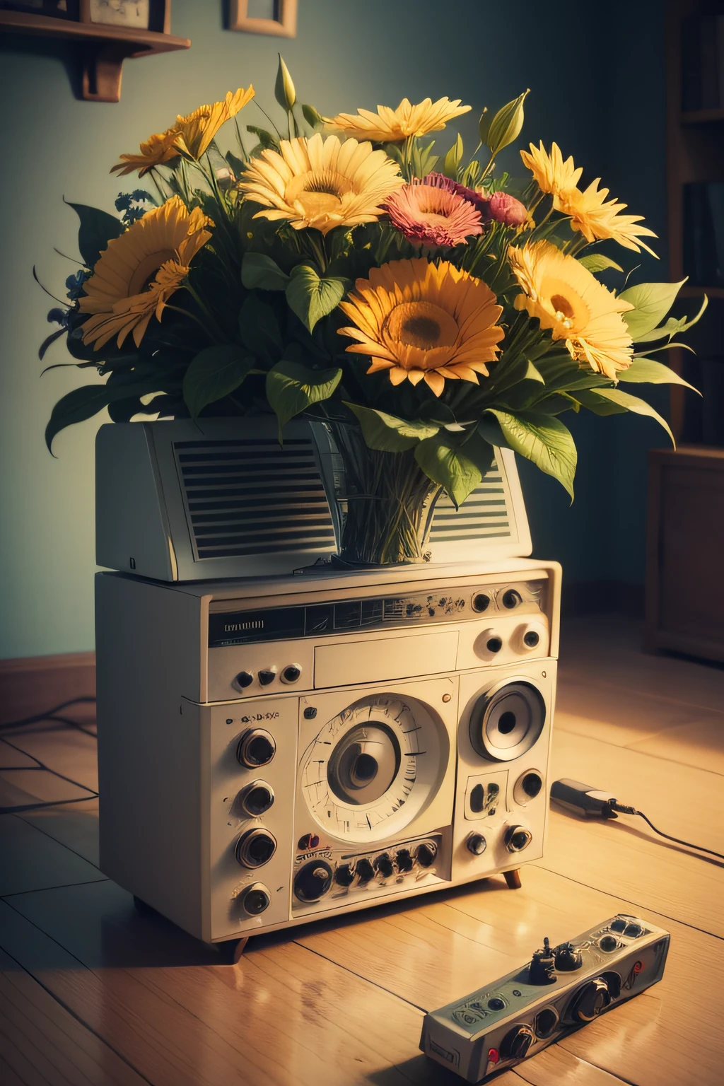 A bouquet of flowers on a vintage tape recorder,Illustration style