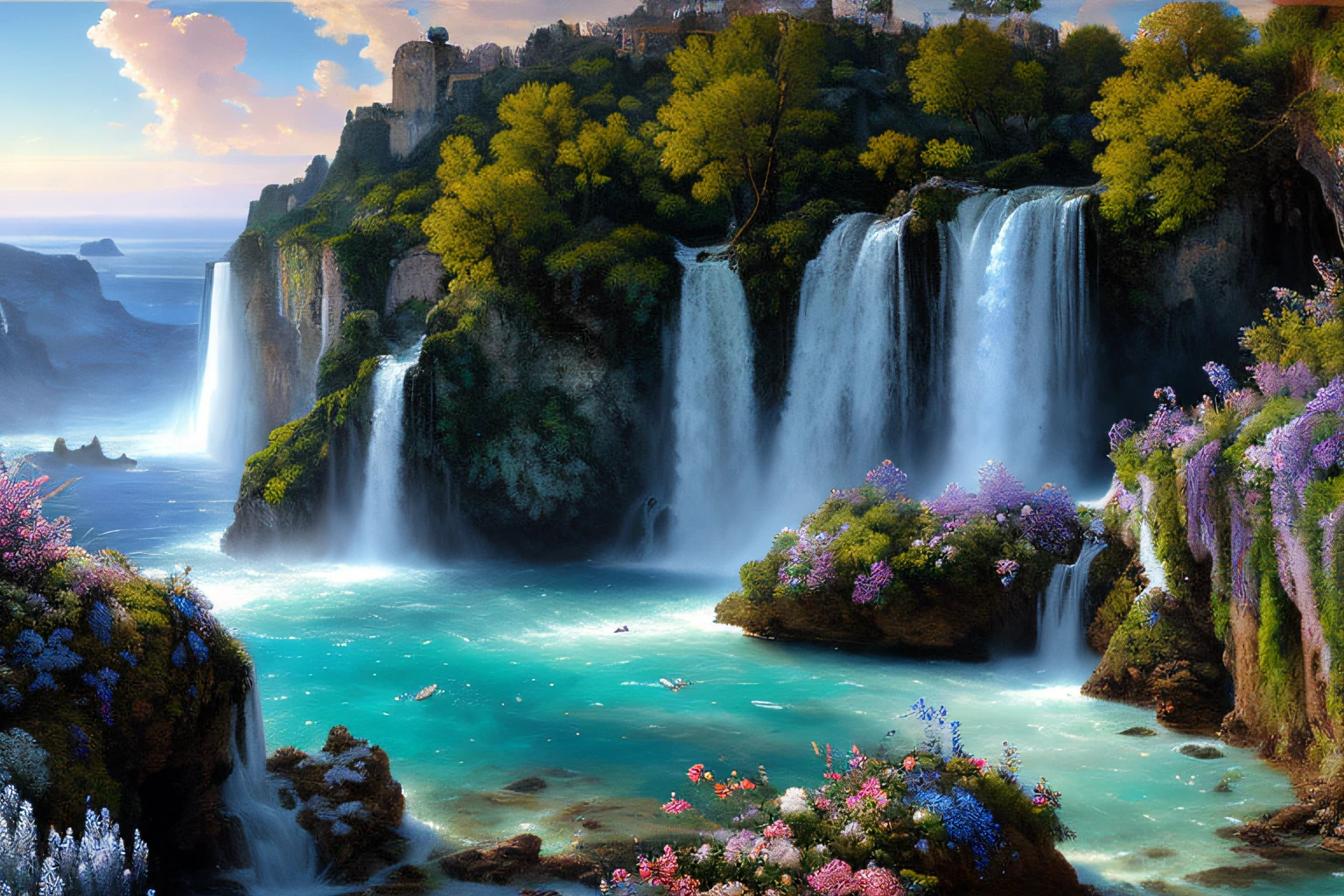Paysage mer cristalline bleu profond,glycine,cascades, Eau cristalline, ciel azur lumineux, ,(Highly detailed CG Unit 8k wallpaper), The most beautiful work of art in the world, Professional majestic oil painting, complexe, High detail, mise au point nette, dramatique, Art of photorealist painting, Alma Tadema