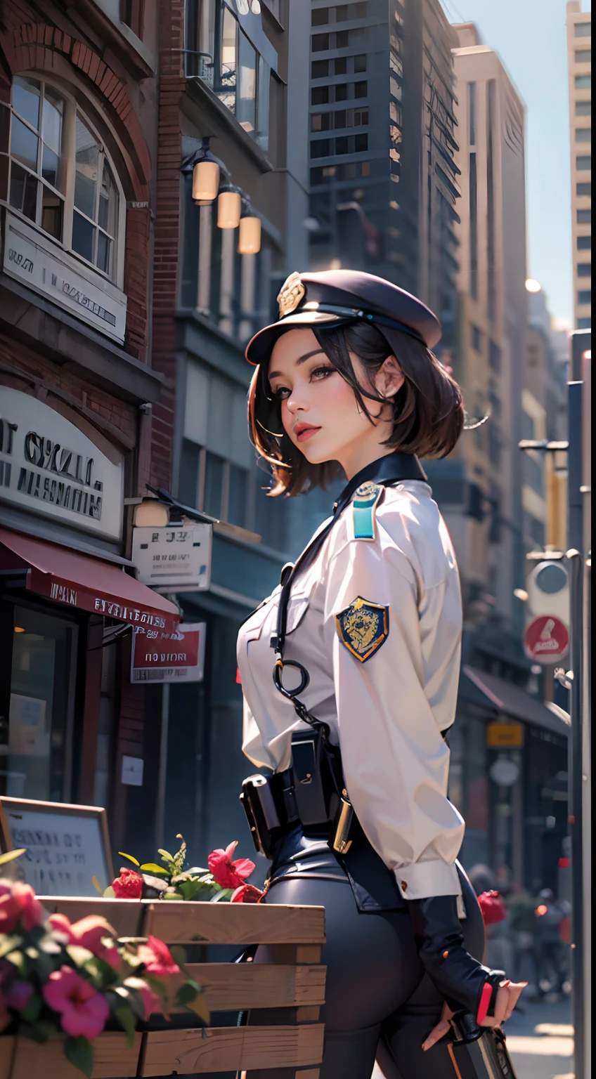 A Japanese woman walking in the city，Buildings，A plant，ssmile，Mixed Korean，The background is blurred out，focal，电影灯光，(((tmasterpiece))), ((best qualtiy)), ((Complex and detailed)), ((ultra-realistic realism)), Ridiculous resolution, A MILF, Mature woman, ssee-through, highly  detailed, illustratio, 1girll, (huge tit), Thin waist and thick hips，long leges，beatiful detailed eyes, short detailed hair, brunette color hair, a purple eye, (police uniforms:1.2),police hat，Police uniform，a skirt，Police jacket，Lace，gossamer，obi strip，Battle pack，Multifunctional belt set，Leggings bag，The rear of the gun，intercom，handcuff，Lunette de soleil，（underdressing）, pantiess, high-heels，detailed back ground, perfect  eyes, Seductive eye, looking at viewert, From the front，Wear light，
