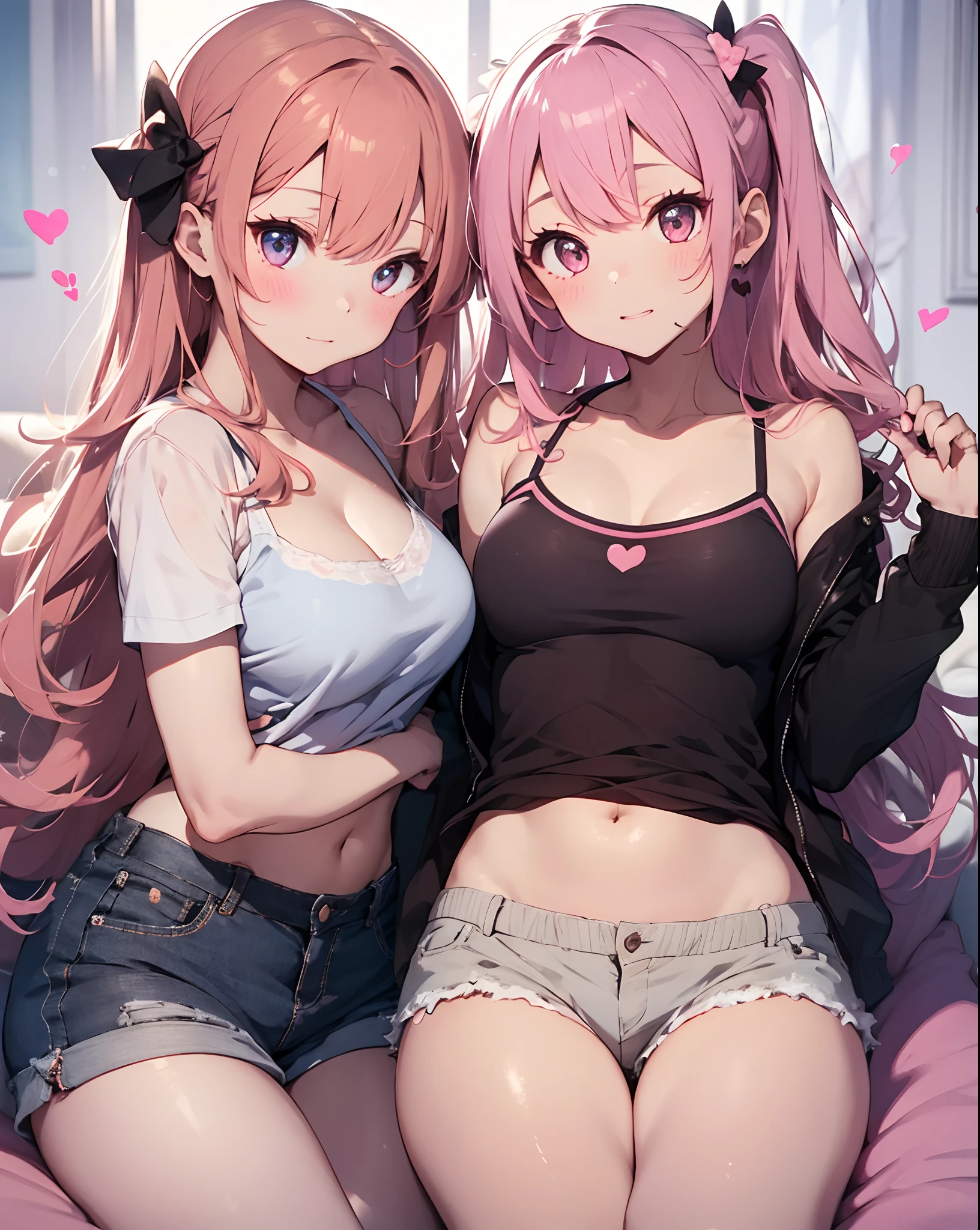 Two girls putting their hands on their chests、Super long hair、Camisole and shorts、(blonde and pink hair)、Create a heart shape with a heart-shaped effect for viewers):1.5、Living room sofa