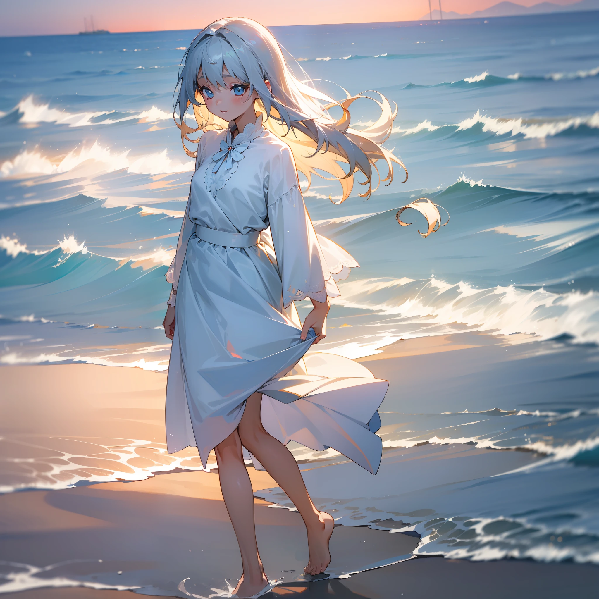 (Exquisite and delicate:1.5) Under the setting sun,A young girl stands quietly on the beach。Her hair was as white as silver,Swaying with the breeze,It exudes a faint fragrance。Her eyes were as bright as rubies,The pupils flashed with a mysterious light。She had a warm smile on her face,It's like having endless happiness。She wore a crisp white shirt,Simple and elegant,It sets off her pure temperament。She wears it with a short light skirt,Show her youthful and energetic side。She was barefoot,Step on the soft sand,Feel the sea breeze blowing,It's as if you're at one with nature。((Exquisite and delicate))