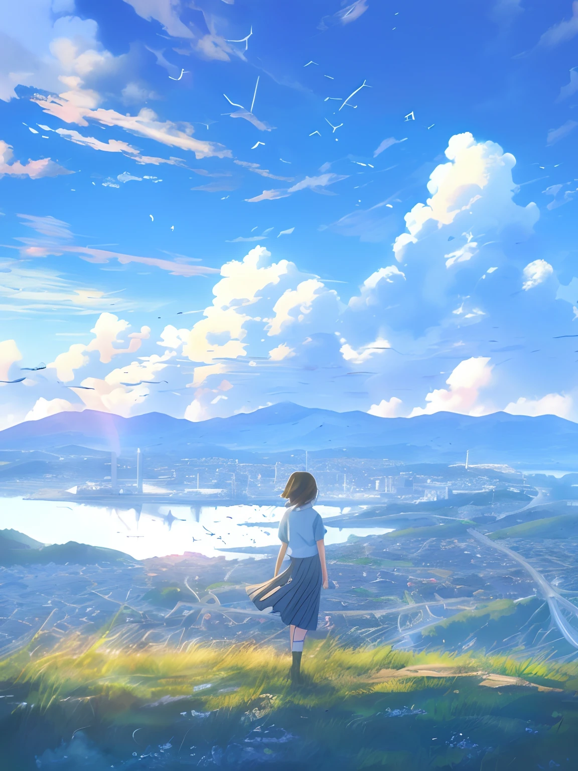 Anime girl looking at the city view from the mountains, ( ( Makoto Shinkai ) ), Makoto Shinkai Cyril Rolando, in the style of makoto shinkai, Makoto Shinkai's style, studio glibly makoto shinkai, Makoto Shinkai. —h 2160, By Makoto Shinkai, By Makoto Shinkai