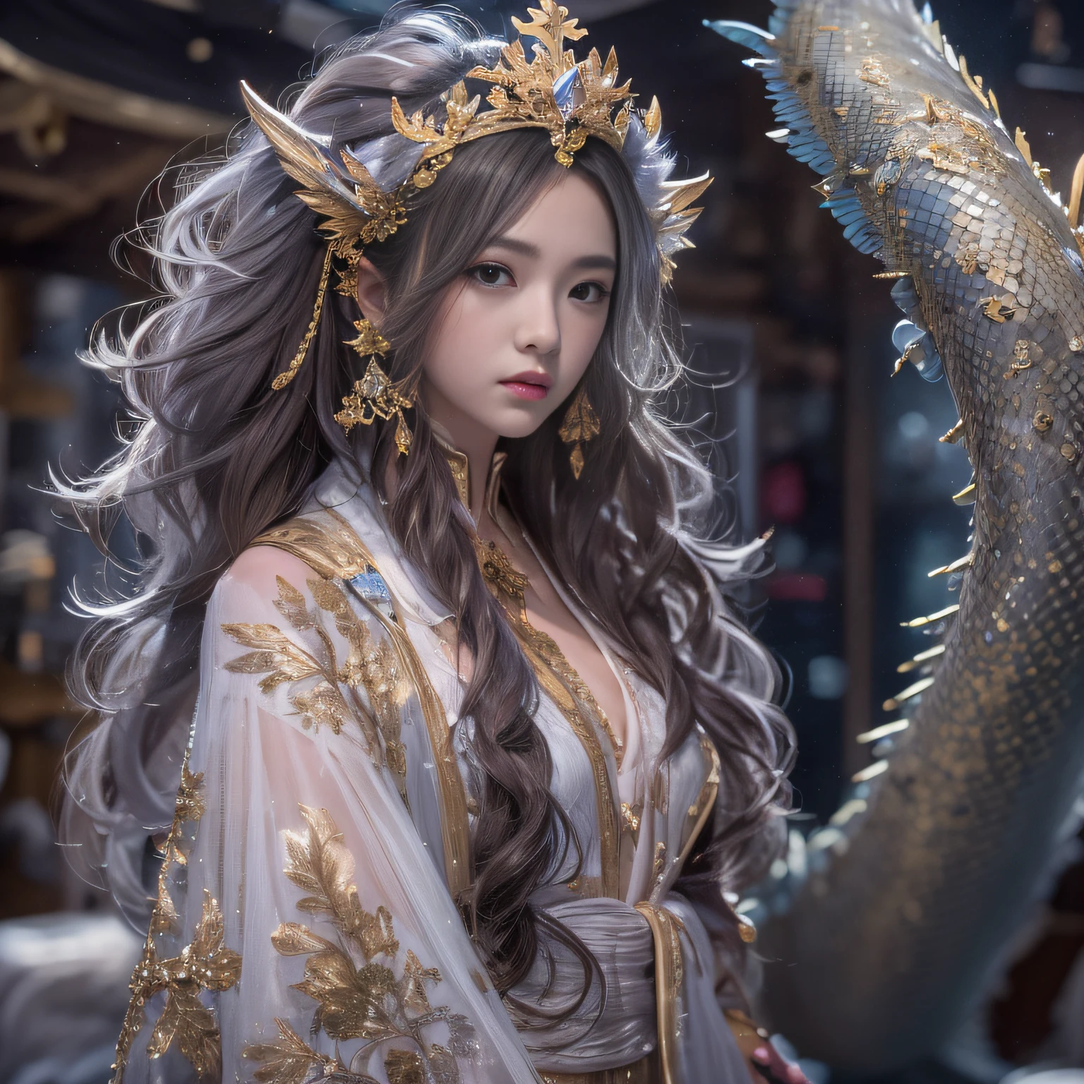16k(tmasterpiece,k hd,hyper HD,16k)short detailed hair,Vintage train sleeper area,Flowy extra long hair girl ,Two Golden Dragon Protectors (realisticlying:1.4),Python robe,Purple-pink tiara,Snowflakes fluttering,The background is pure, A high resolution, the detail, RAW photogr, Sharp Re, Nikon D850 Film Stock Photo by Jefferies Lee 4 Kodak Portra 400 Camera F1.6 shots, Rich colors, ultra-realistic vivid textures, Dramatic lighting, Unreal Engine Art Station Trend, cinestir 800,
