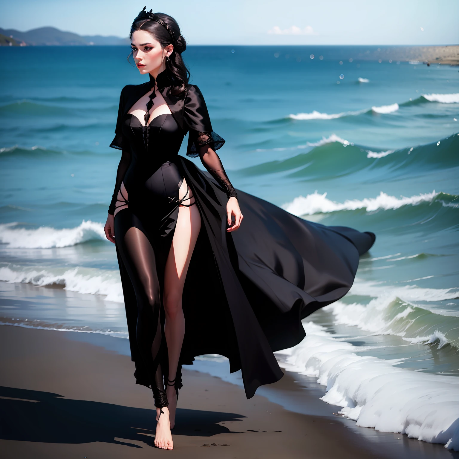 The royal sister walked by the sea wearing black silk，No shoes