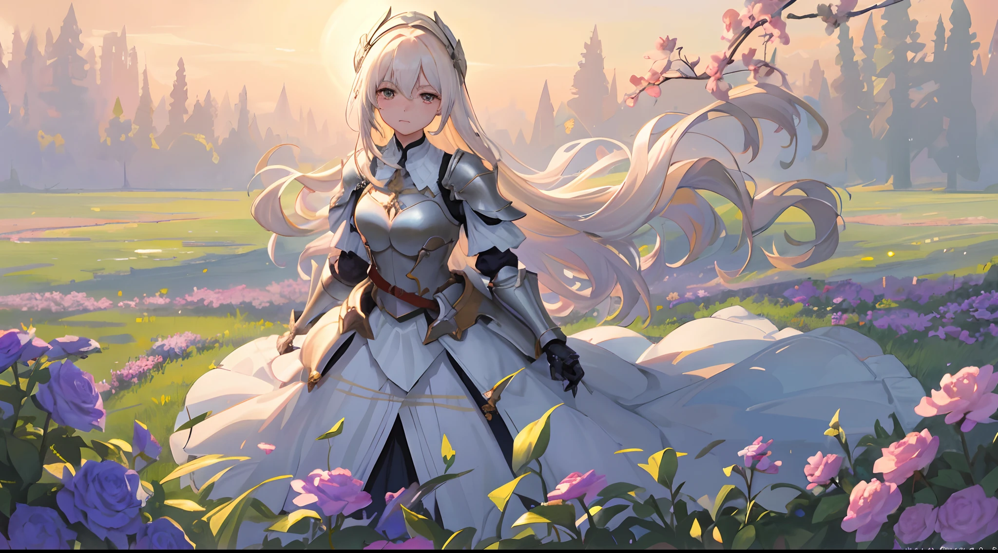 Original Character, Fantasy Concept Art, Volumetric Lighting, Best Shadows, Shallow Depth of Field, Portrait Of Noble Knight Man, Dignified, Delicate Tactical Heavy Armor, Opaque Visor, Face Armor, Pauldrons, Tasset Belt, Gauntlet, Poleyn, High Quality Armor Texture, Broad Shoulders, Extremely Tall. Sword Scabbard, Standing Tall, Crossed Arms, Looking At Viewer, Glaring Sunlight, Rose Garden, Rose Thornbush, (Highest Quality, Amazing Details:1.25), (Solo:1.3), Brilliant Colorful Paintings A soft, watercolor backdrop in muted shades of lavender, sky blue, and pale gold represents the early morning sky. Positioned centrally is a delicate silhouette of a lark, its wings outstretched in mid-flight. Below, gentle strokes depict a meadow, with hints of dewdrops glistening on grass and the faintest impressions of dragonflies hovering above. The overall effect is dreamy, ethereal, and deeply calming. best quality, ultra high res, 1girl, sleeveless white button shirt, black skirt, black choker, cute, (Kpop idol), (aegyo sal:1), (platinum blonde hair:1), ((puffy eyes)), looking at viewer, full body, facing front