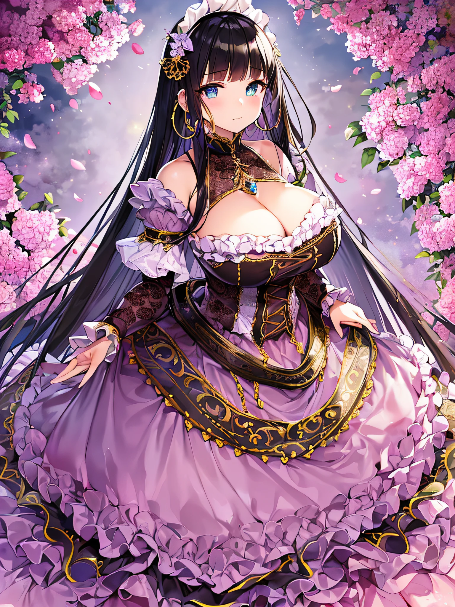 ((anime artstyle)),(Masterpiece),(Best Quality), (Super Detail),((Very Delicate and Beautiful)),(((Solo))),((full body)),(((1 princess in fancy lolita dress with voluminous full length hoop skirt))),((standing in garden)),Long train,(bling-bling gorgeous gemstone jewelry),detailed face and eyes,jewel-like eyes,cry,((large amount of straight hair,extremely voluminous Very Long Straight Hair)),(gorgeousfull embroidery and lace),((gigantic tits,Long tits)),cleavage,gorgeous corsage,See-through,((extremely gorgeousfull lolita hair ornament)),bling-bling extremely gorgeousfull jeweled tiara,ornate ruffles,beautiful embroidery,(hoop skirt,crinoline),flowers, flower petals flowing,((Dynamic Angle)),Looking at viewer,((full body)),sweet lolita dress with voluminous full length hoop skirt