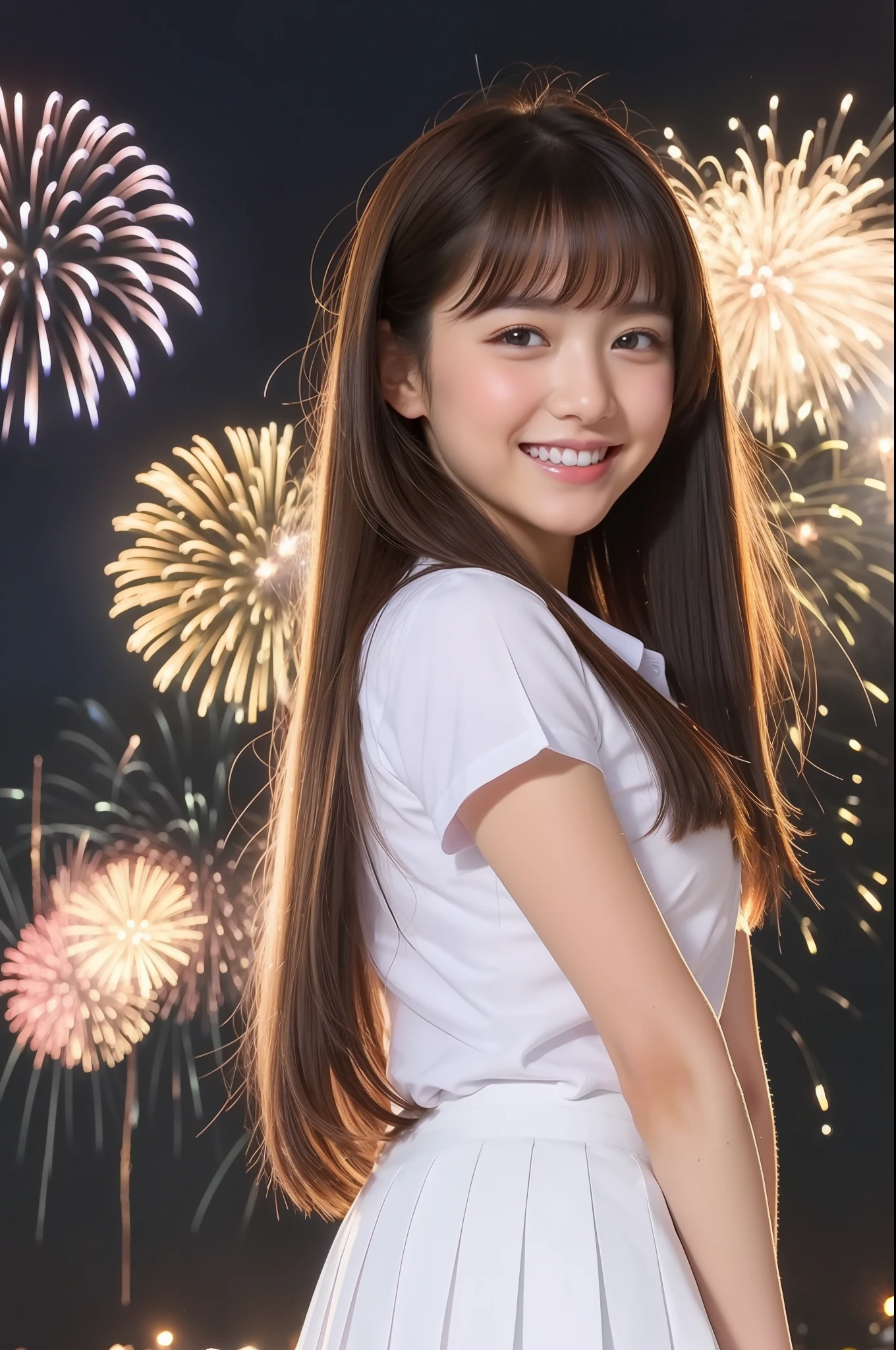 A smile、a beauty girl、hi-school girl、While doing fireworks