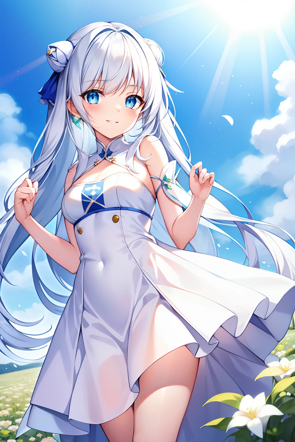 s girl,Long snow-white hair,Blue-white eyes,Beautiful eyes,cute smiling,zori,rays of sunshine,Green plains,A few small flowers,clear blue skies