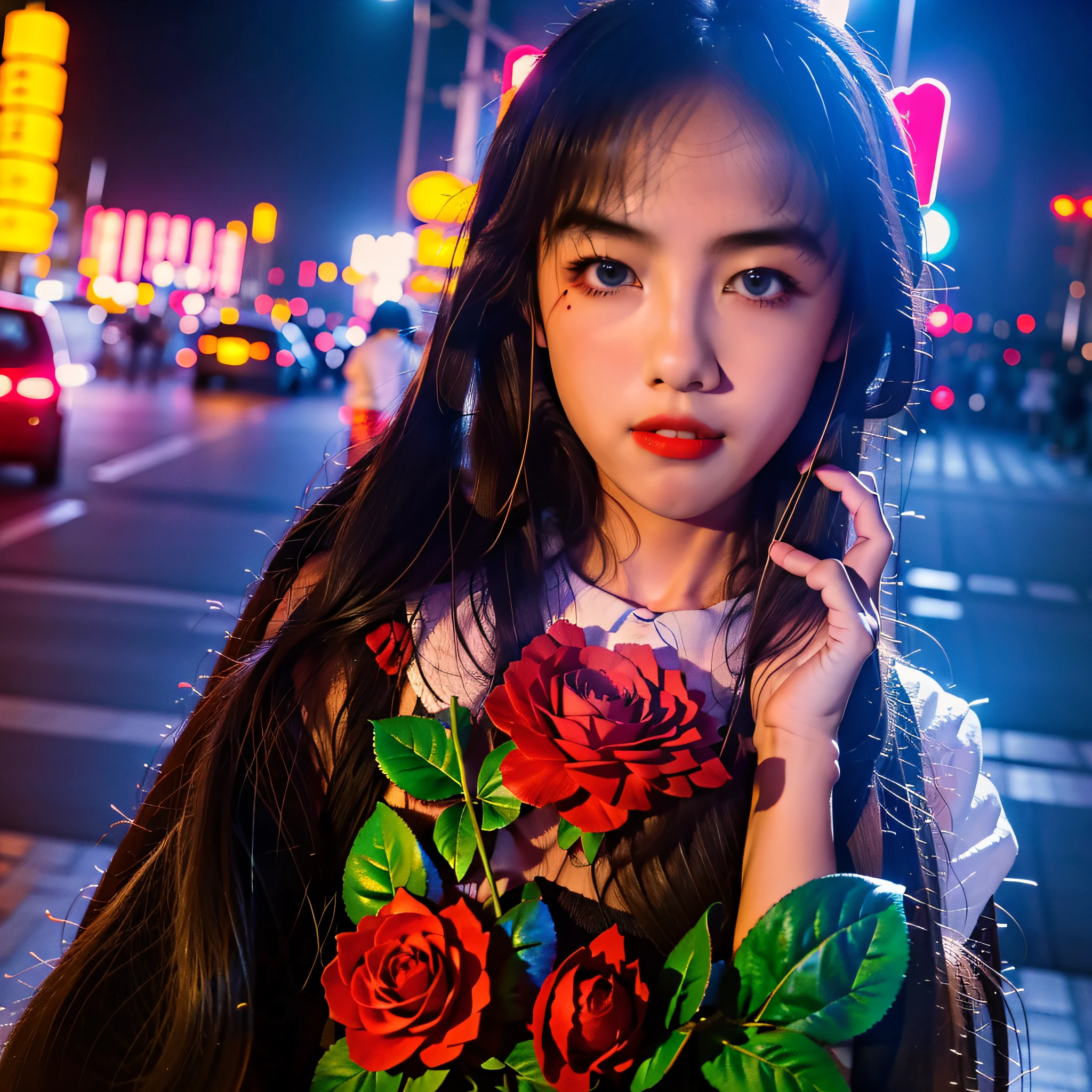 1girl, Tokyo street,night, cityscape,city lights, upper body,close-up, 8k, RAW photo, best quality, masterpiece,realistic, photo-realistic,headgear of red rose, parted bangs, long hair,