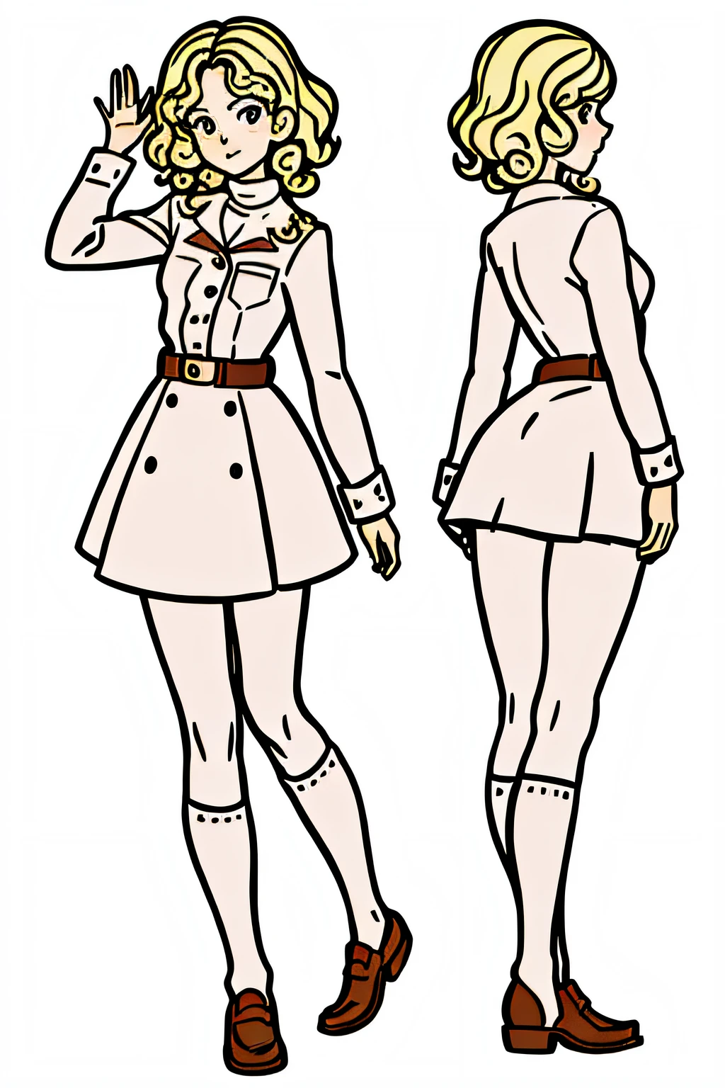 western illustration, masterpiece, best quality,
a girl with short curly hair, waving to the viewer (us)
in school uniform, ((From several different angles))
from opposite, From behind, from the profile,
in the style of childreb book charecter, charecter sheet, white background, adjective + object, character sheet, children book character, white background, blonde hair, closed mouth, white background, looking at viewer, short hair,