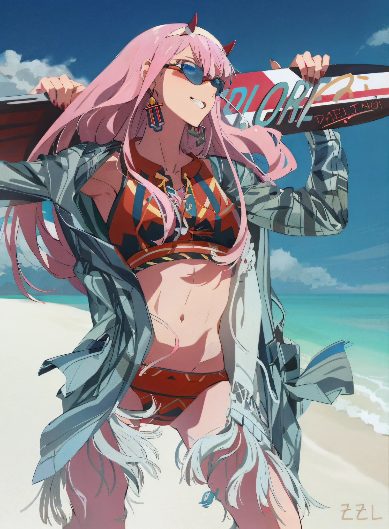 Anime girl with pink hair and sunglasses holding surfboard on beach, sakura haruno, anime wallaper, anime wallpaper, lollipop, hd anime wallaper, Zerotwo, inspired by Hirosada II, Kantai collection style, Badass anime 8 K, Official anime artwork, style of anime4 K, Best anime 4k konachan wallpaper