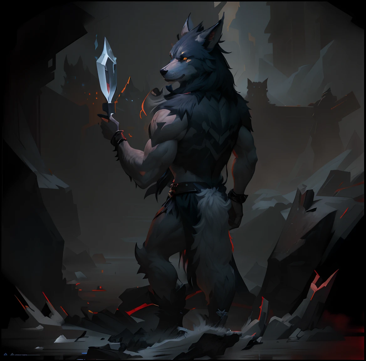 There was a man with a knife and a wolf on his back, a minotaur wolf, anthro concept art, anthro art, an anthro wolf, painted as a game concept art, finished concept art, muscular werewolf, demon-fang gnoll, dark concept art, painted in the style arcane, gnoll, anthro paw pov art