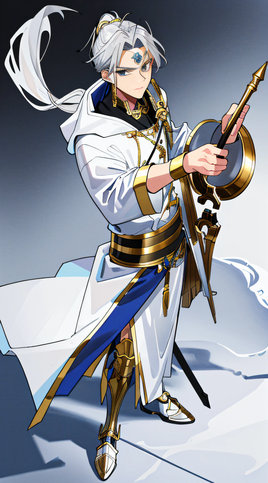 Gray hair single ponytail,Wears a white silver robe with a hood with a gold pattern and a white and silver armor shin guard with a blue pattern,A detailed eye,Stand on top of a mountain covered with snow,The expression is cold and serious,Wear fingerless gloves on your hands,In his right hand, he held a silver-white long sword and pointed in the direction his eyes were looking