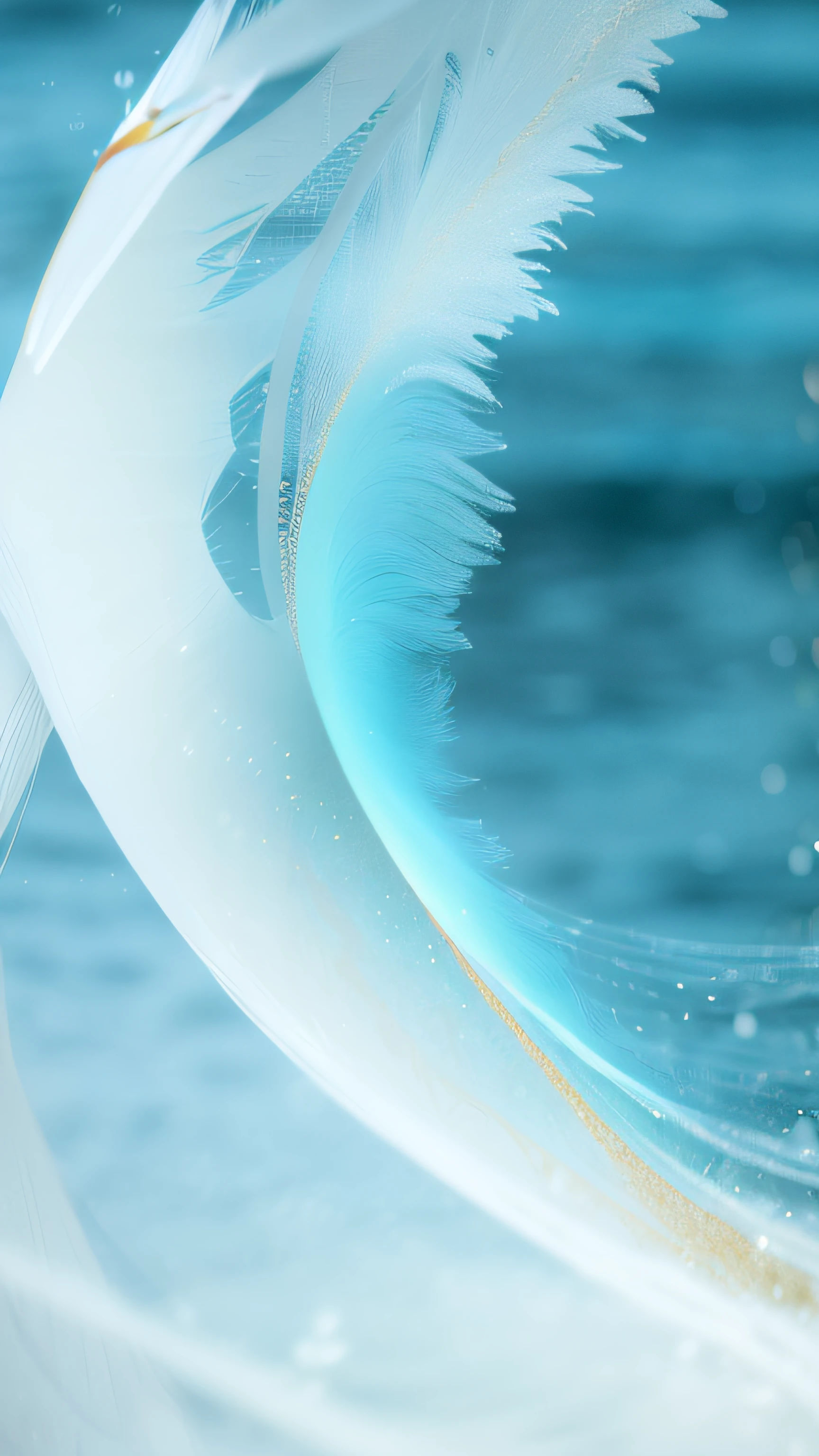 (((egret)))It has a blue and white golden swirl on it, water particle in front, wave of water particles, liquid simulation background, glinting particles of ice, delicate detailing golden stroke, mobile still frame. 4K Ultra HD, water particulate, bright microscopic view realism, Flying particles, 3 d fluid simulation render, swirling water cosmos, waves and particles，OilPaintStyle