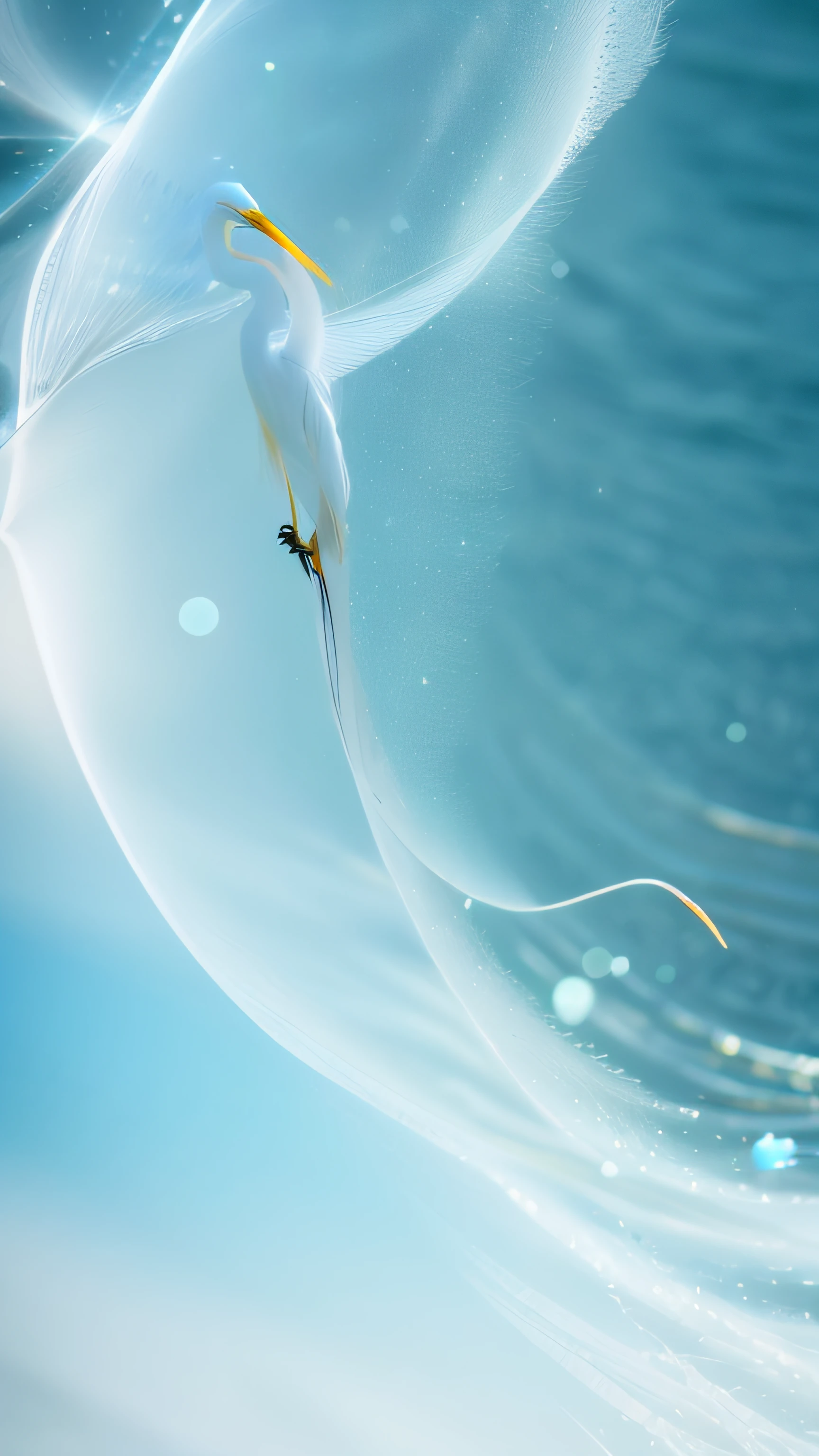 (((egret)))It has a blue and white golden swirl on it, water particle in front, wave of water particles, liquid simulation background, glinting particles of ice, delicate detailing golden stroke, mobile still frame. 4K Ultra HD, water particulate, bright microscopic view realism, Flying particles, 3 d fluid simulation render, swirling water cosmos, waves and particles，OilPaintStyle