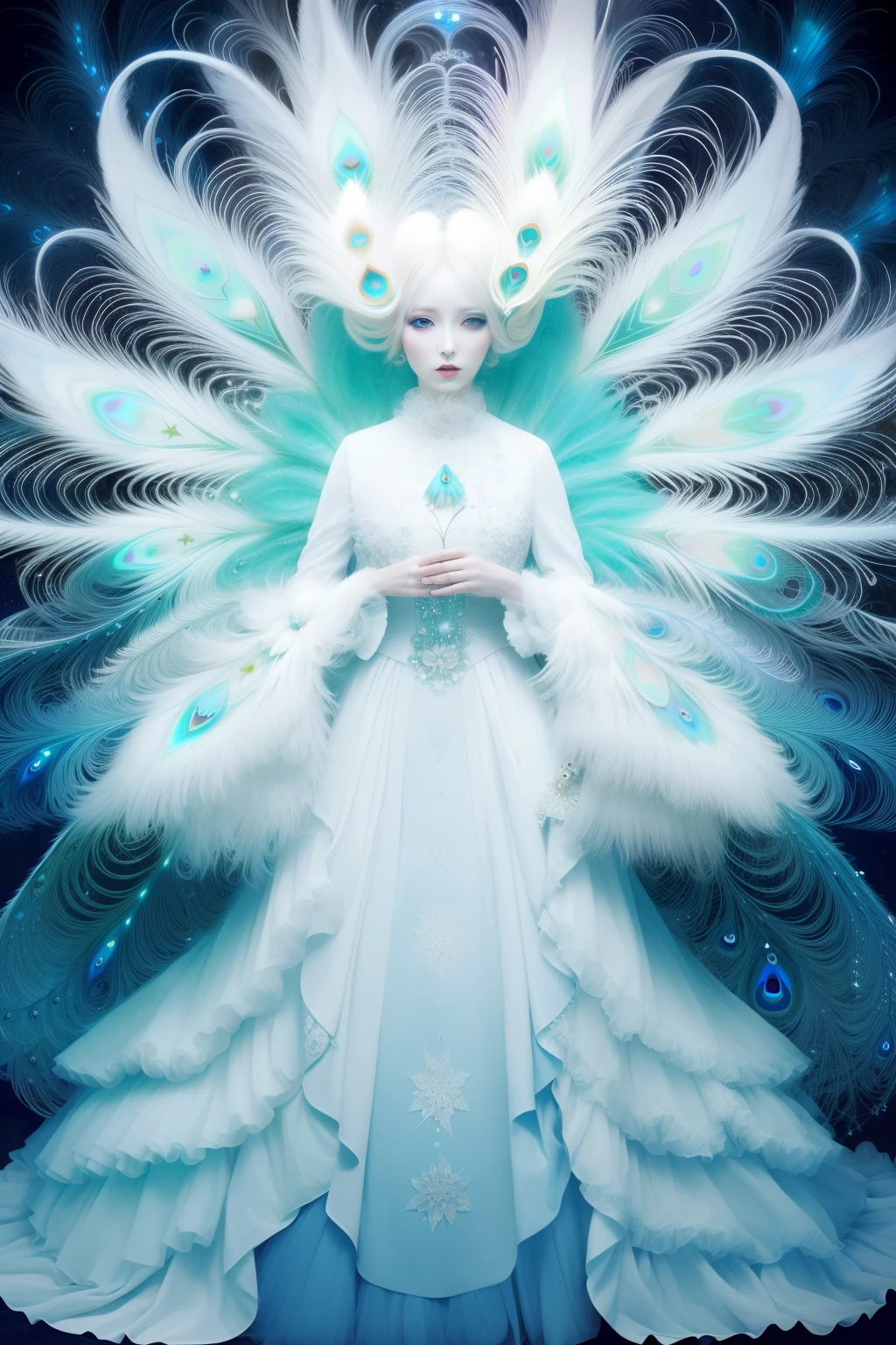 Albino woman wearing starry colored white peacock feathers, in the style of natalie shau, naoto hattori, jessica drossin, dreamlike, ethereal, harmonious color palette, dark white and light azure, spirals, flickr —ar 2:3 —uplight —s 250