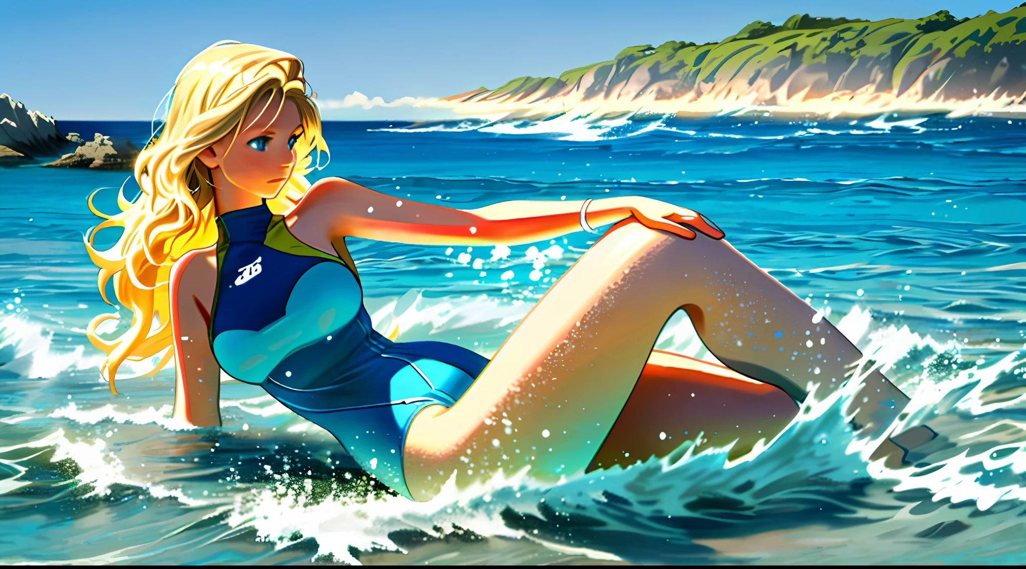 beachside,Blonde hair,Beautiful women,blue color eyes,The body is curvy,Wear a swimsuit,Splash in the water,swell sea,and the sun was shining brightly,Realistic style