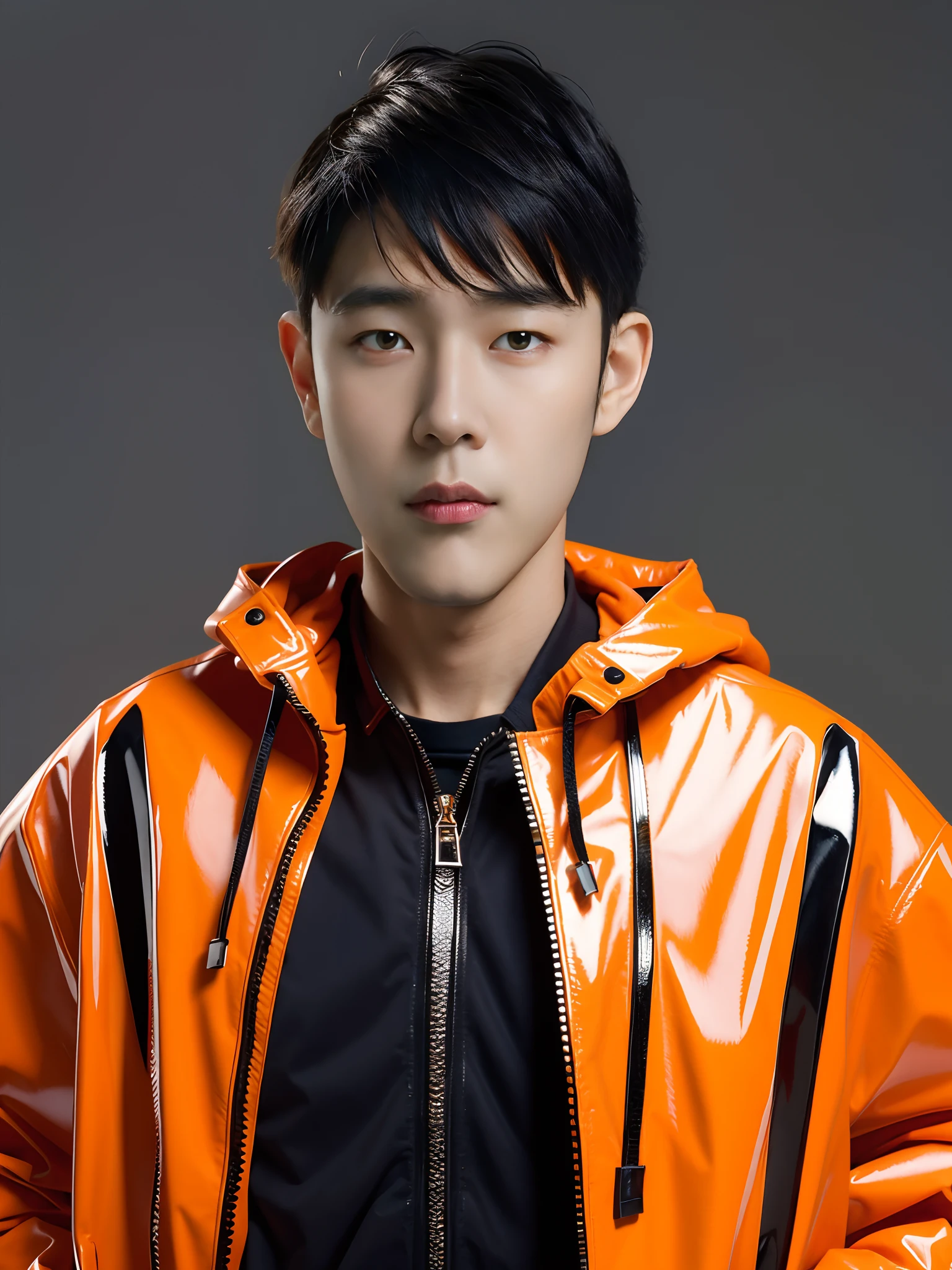 1boys,high high quality,Wear a PVC Hermès orange jacket,Open jacket,Zippered hood,cyber punk perssonage,