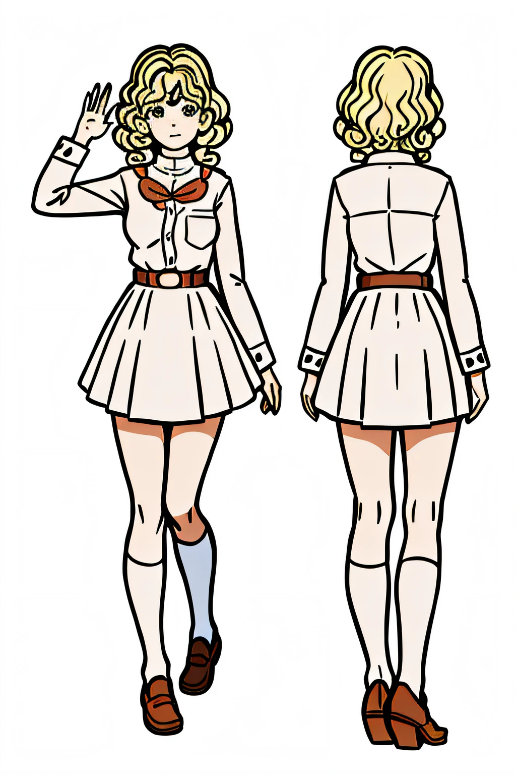 western illustration, masterpiece, best quality,
a girl with short curly hair, waving to the viewer (us)
in school uniform, ((From several different angles))
from opposite, From behind, from the profile,
in the style of childreb book charecter, charecter sheet, white background, adjective + object, character sheet, children book character, white background, blonde hair, closed mouth, white background, looking at viewer, short hair,