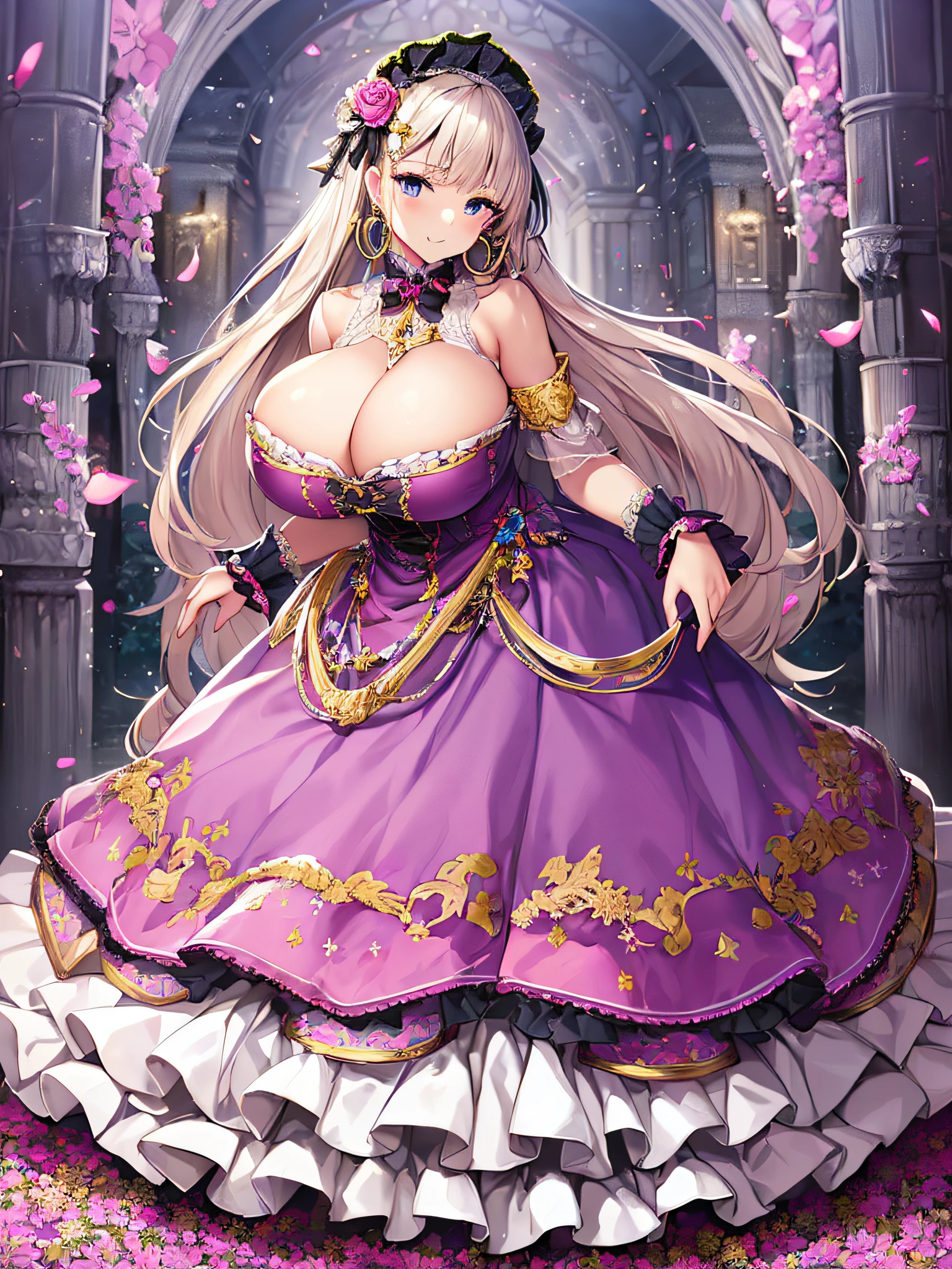 ((anime artstyle)),(Masterpiece),(Best Quality), (Super Detail),((Very Delicate and Beautiful)),(((Solo))),((full body)),(((1 princess in fancy lolita dress with voluminous full length hoop skirt))),((standing in garden)),Long train,(bling-bling gorgeous gemstone jewelry),detailed face and eyes,jewel-like eyes,((large amount of straight hair,extremely voluminous Very Long Straight Hair)),(gorgeousfull embroidery and lace),((gigantic tits,Long tits)),cleavage,gorgeous corsage,See-through,((extremely gorgeousfull lolita hair ornament)),bling-bling extremely gorgeousfull jeweled tiara,ornate ruffles,beautiful embroidery,(hoop skirt,crinoline),flowers, flower petals flowing,((Dynamic Angle)),Looking at viewer,((full body)),sweet lolita dress with voluminous full length hoop skirt