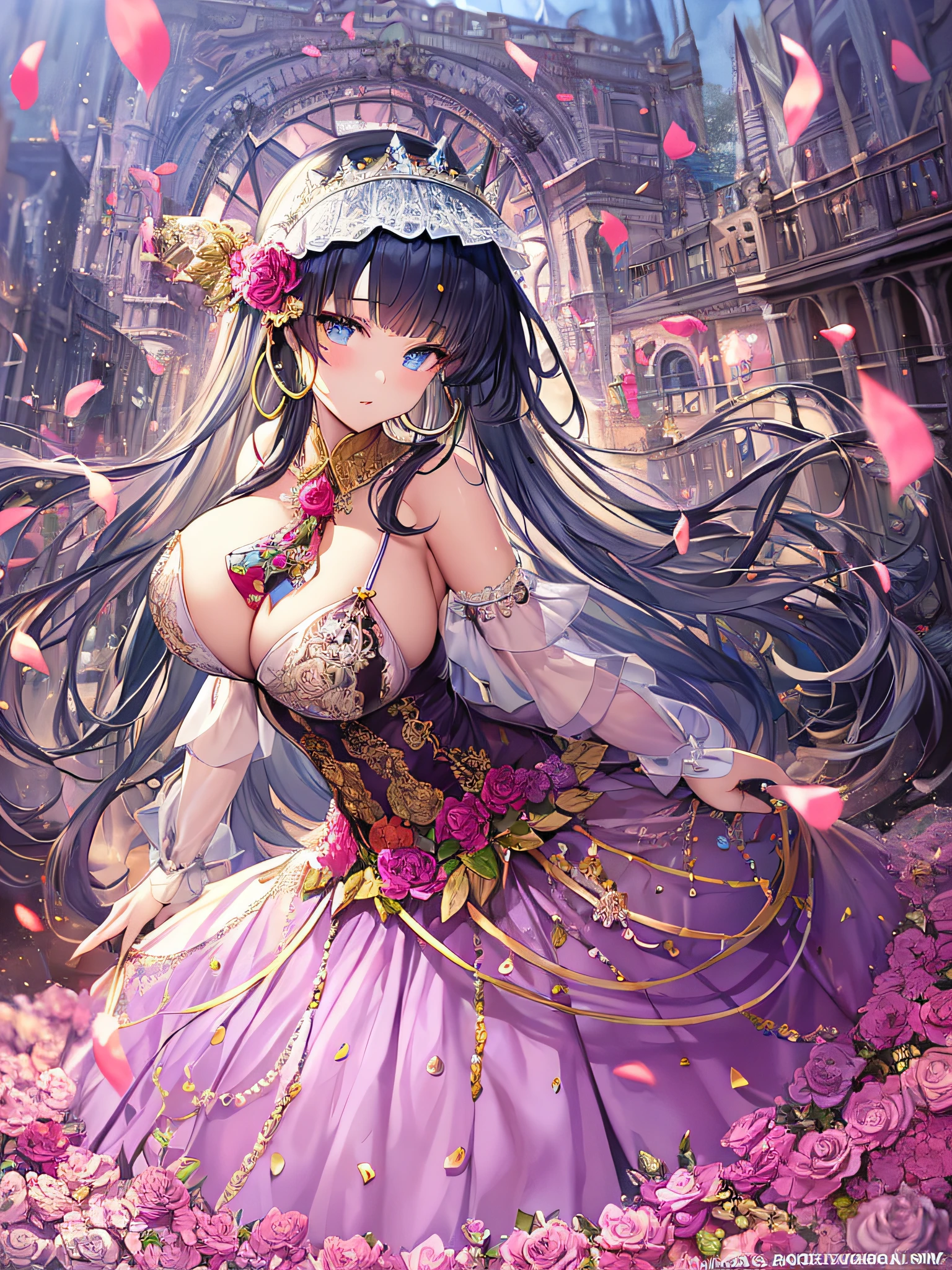 ((anime artstyle)),(Masterpiece),(Best Quality), (Super Detail),((Very Delicate and Beautiful)),(((Solo))),((full body)),(((1 princess in fancy  dress with voluminous full length hoop skirt))),((standing in garden)),Long train,(bling-bling gorgeous gemstone jewelry),detailed face and eyes,jewel-like eyes,((large amount of straight hair,extremely voluminous Very Long Straight Hair)),(gorgeousfull embroidery and lace),((gigantic tits,Ltits)),clee,gorgeage,See-through,((extremely gorgeousfull lolita hair ornament))-bling extremely gorgeousfull jeweled tiara,ornate ruffles,beautiful embroidery,(hoop skirt,crinoline),flowers, flower petals flowing,((Dynamic Angle)),Looking at viewer,((full body)),sweet lolita dress with voluminouslength hoop skirt