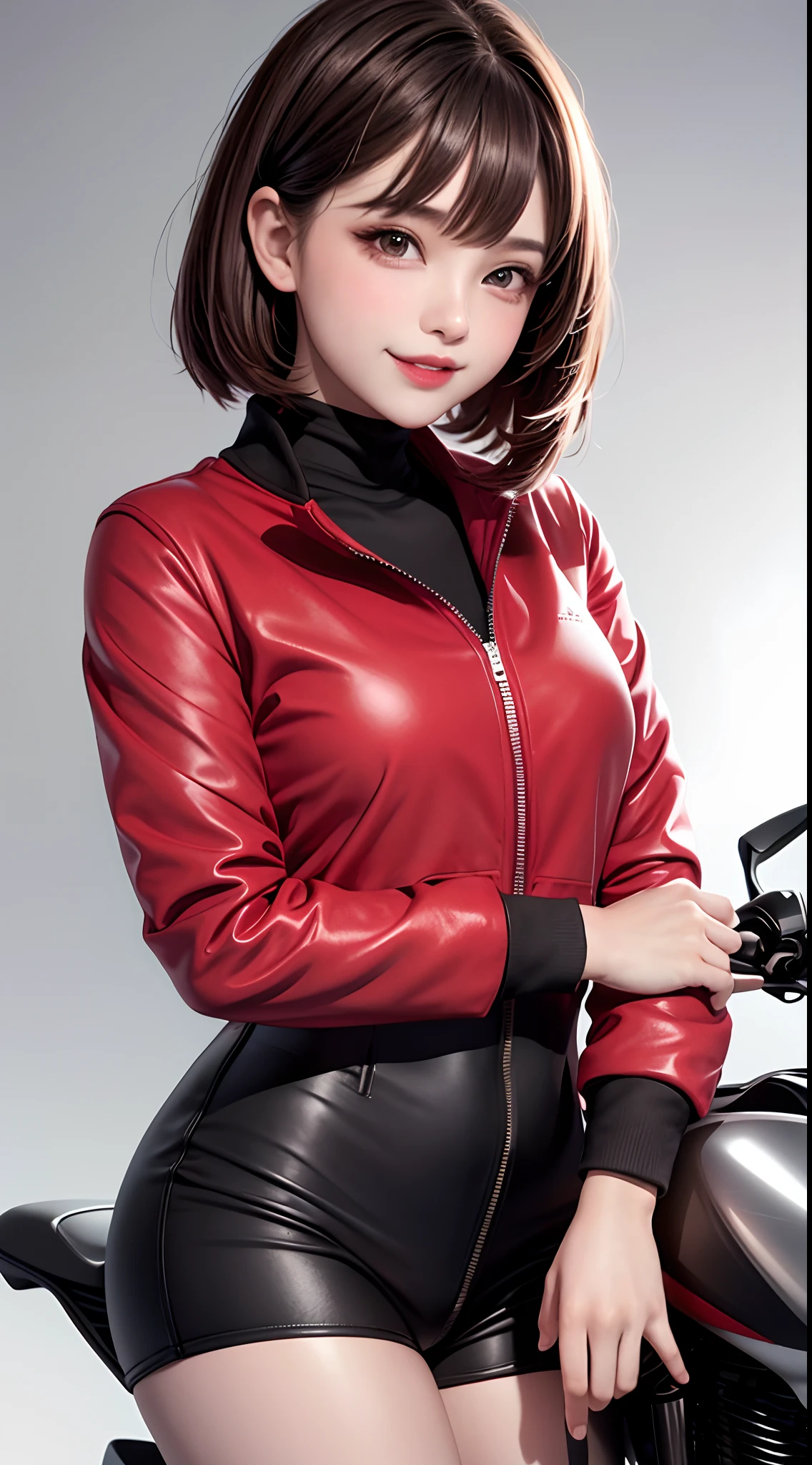 1girl, solo,underwaterbrown hair, brown eyes, parted lips, long sleeves, jacket, simple background, upper body, red background, looking at viewer, teeth, red jacket, lips, cosplay, full body, smile,motorbike