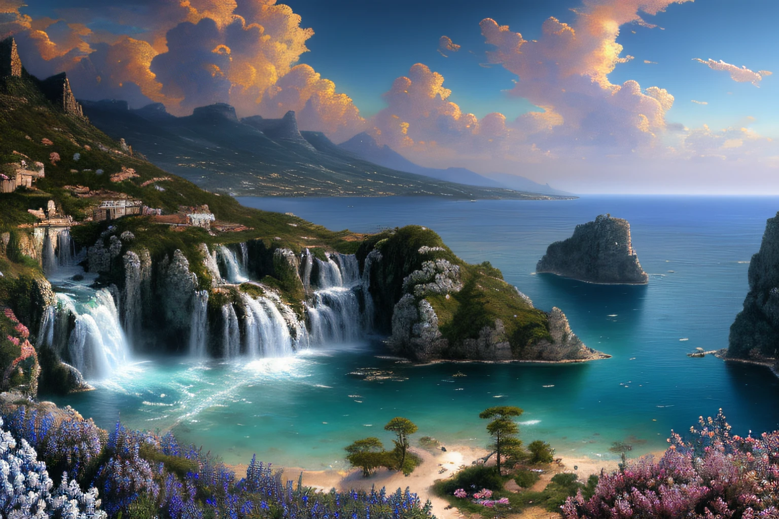 Paysage mer cristalline bleu profond,fleurs,cascades, Eau cristalline, ciel azur lumineux, ,(Highly detailed CG Unit 8k wallpaper), The most beautiful work of art in the world, Professional majestic oil painting, complexe, High detail, mise au point nette, dramatique, Art of photorealist painting, Alma Tadema