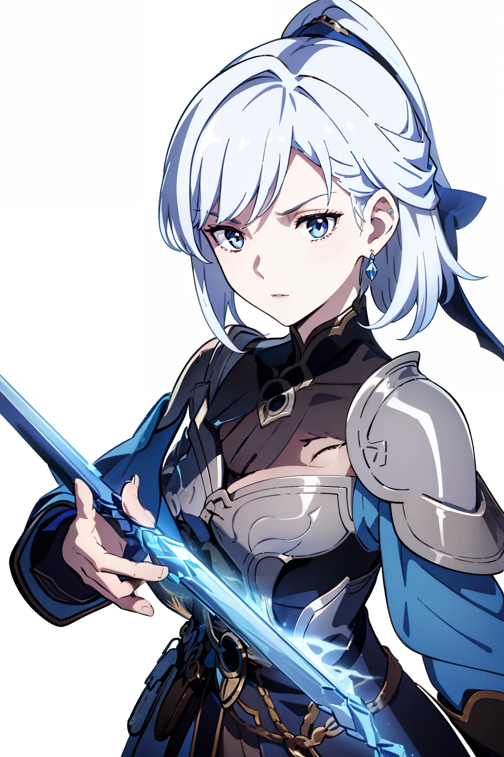 Female, 17 years old, bright blue eyes, squinting eyes, short silver hair, crystal earring in left ear, Detailed face pale skin, simple brown adventurous outfit, white robe, holding crystal sword, white background, front camera