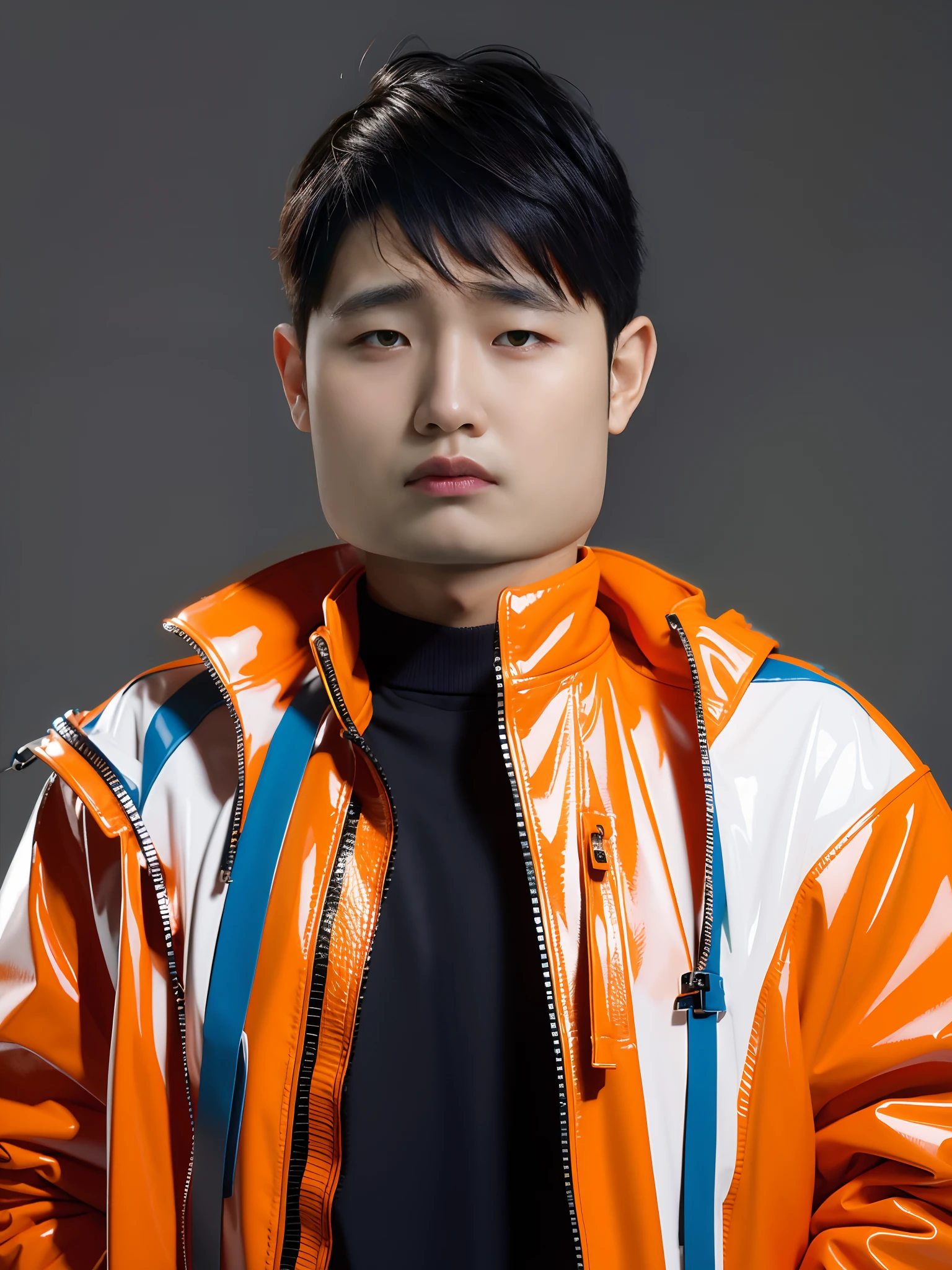 1boys,high high quality,Wear a PVC Hermès orange jacket,Open jacket,Zippered hood,cyber punk perssonage,