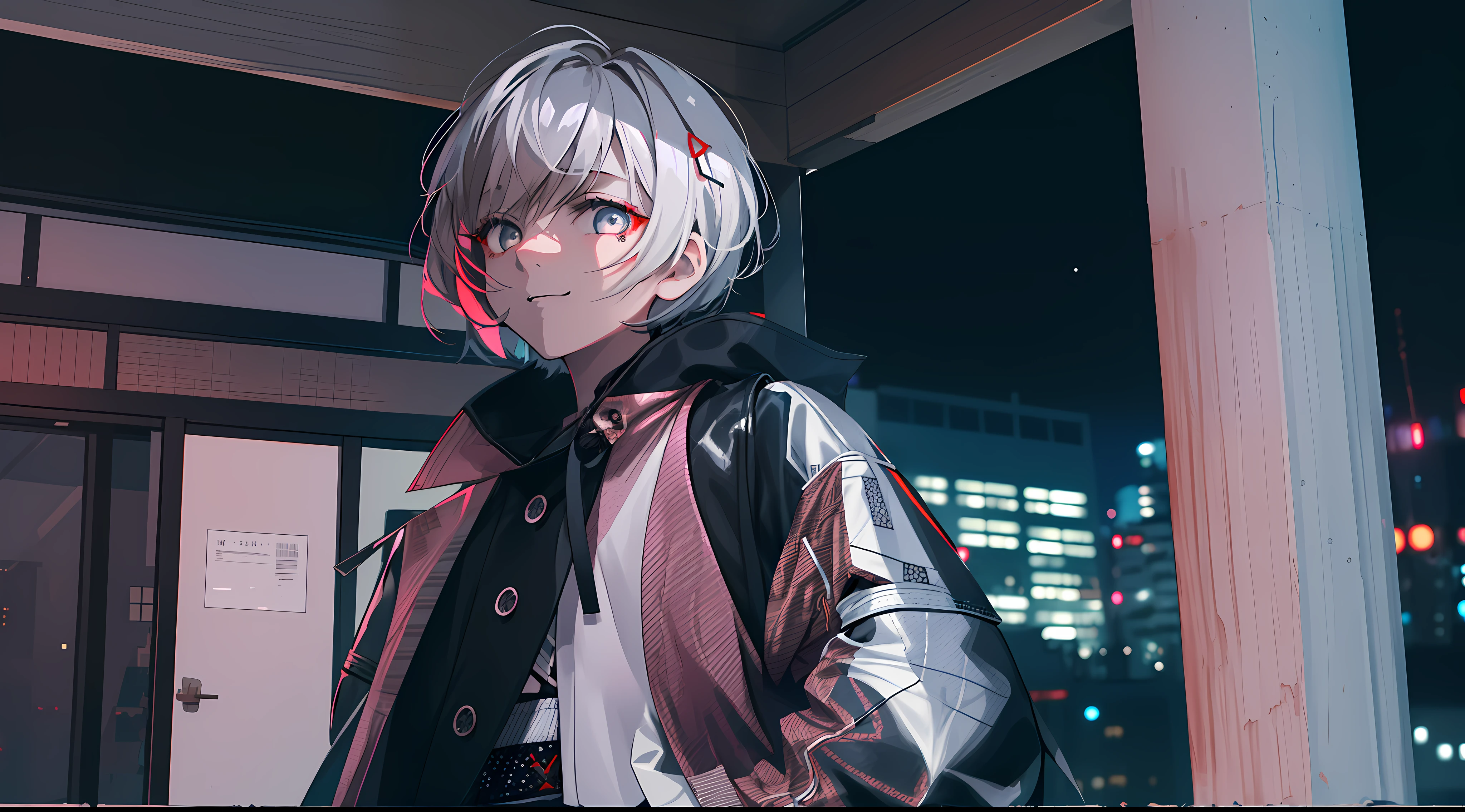 photoshoot girl at japan rooftop apartment during night, wear stylish, edgy and hypebeast outfit, with a warm expression on her face, full body photoshoot, hand in the pocket, wolfcut short hair, outfit color dominat white and black