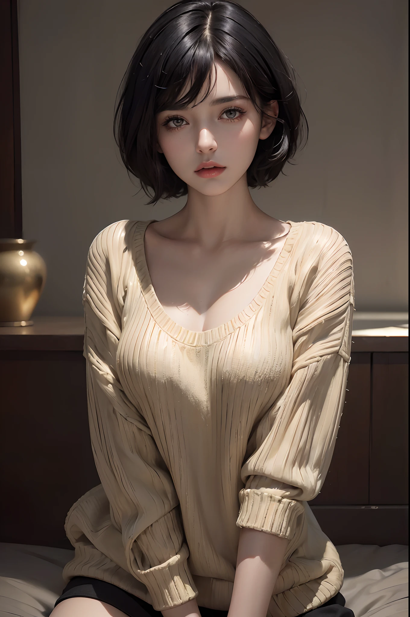 (masterpiece:1.3), (8k, photorealistic, RAW photo, best quality: 1.4), (1girl), beautiful face, (realistic face), (black hair, short hair:1.3), beautiful hairstyle, realistic eyes, beautiful detailed eyes, (realistic skin), beautiful skin, (sweater), absurdres, attractive, ultra high res, ultra realistic, highly detailed, golden ratio