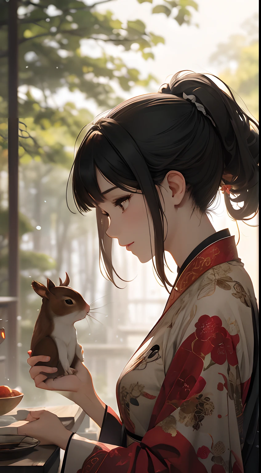 A woman and a squirrel are eating,The woman looked at the squirrel,Gorgeous light gauze Hanfu,Happy emoji,Separate bangs,Ponytail hairstyle,dynamic blur,Detailed representation,,Ray traching,Third Person View,brightly,8K