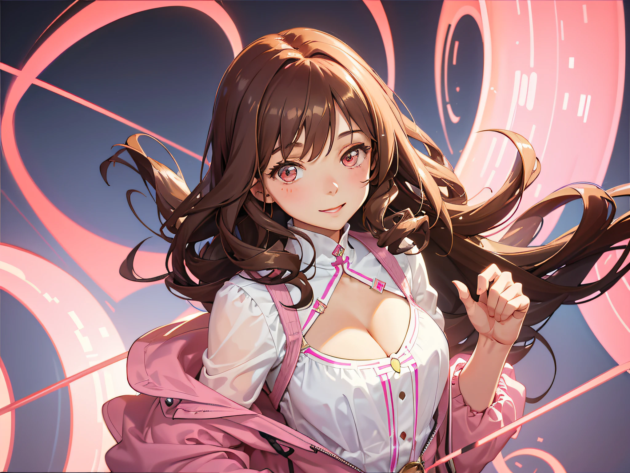 tmasterpiece，best qualtiy，the detail，1girl，with curly brown hair，closeup cleavage，brightly，lineworks，abstracted，cheerfulness，intriguing，in pink，Clothing is transparent，Jessica，liberta