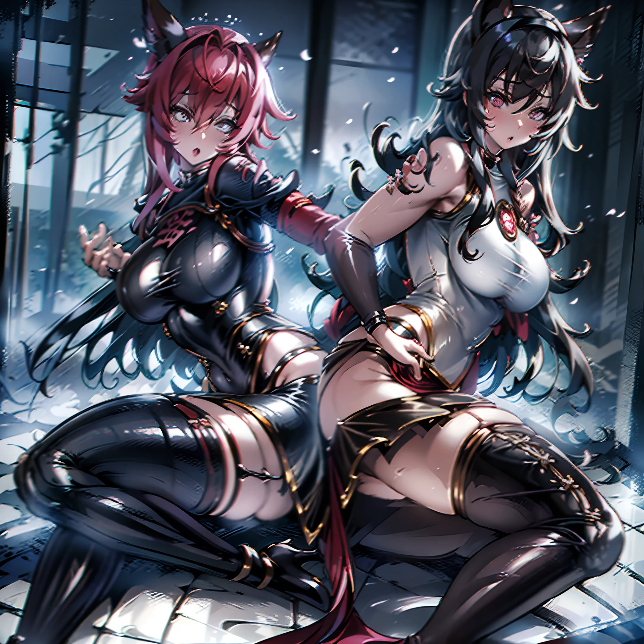 Masterpiece, full picture, ultra high quality, ultra detailed, 1girl, solo, adult woman, japanese deity, shiny long black and red hair, pink eyes, fox ears, very large breasts, cleavage, boob window, gorgeous hair-ornament, thick thighs, wide hips, curvy body, shiny oily tights, super detailed black tights with skindentation and garter belt, stockings, black and red revealing traditional dress, laying down supine, pushed down, beautiful lady pose, holding traditional japanese brush in one hand, bedroom of ruined traditional japanese building, moan, ahegao, looking at viewer, corruption, symbiosis, brainwashing mask, milking