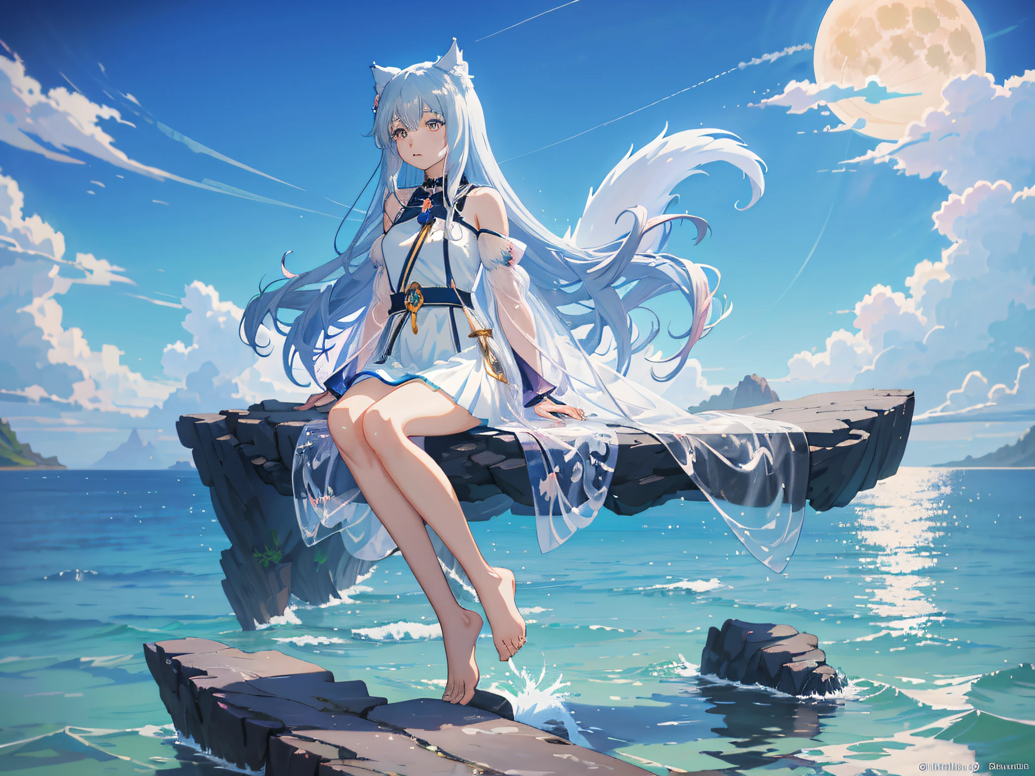 Anime girl sitting on rock in water，The background is the full moon, ethereal anime, Anime goddess, beautiful fantasy anime, Anime girl walking on water, Guviz, flowing magical robe, Holo is a wolf girl, Ethereal fantasy, Beautiful anime, WLOP and Sakimichan, holo if a wolf girl, drawn in anime painter studio