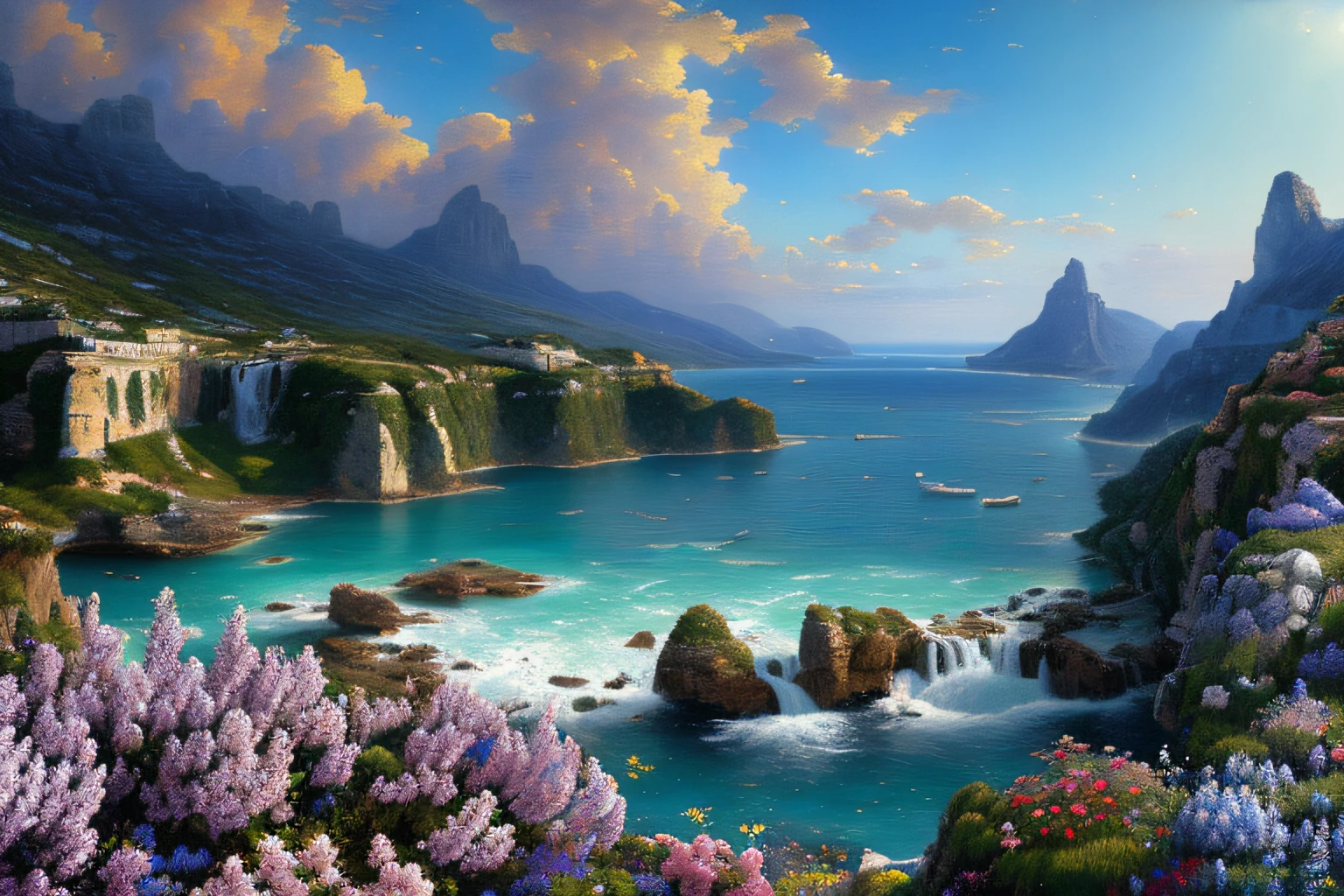Paysage mer cristalline bleu profond,fleurs,cascades, Eau cristalline, ciel azur lumineux, ,(Highly detailed CG Unit 8k wallpaper), The most beautiful work of art in the world, Professional majestic oil painting, complexe, High detail, mise au point nette, dramatique, Art of photorealist painting, Alma Tadema