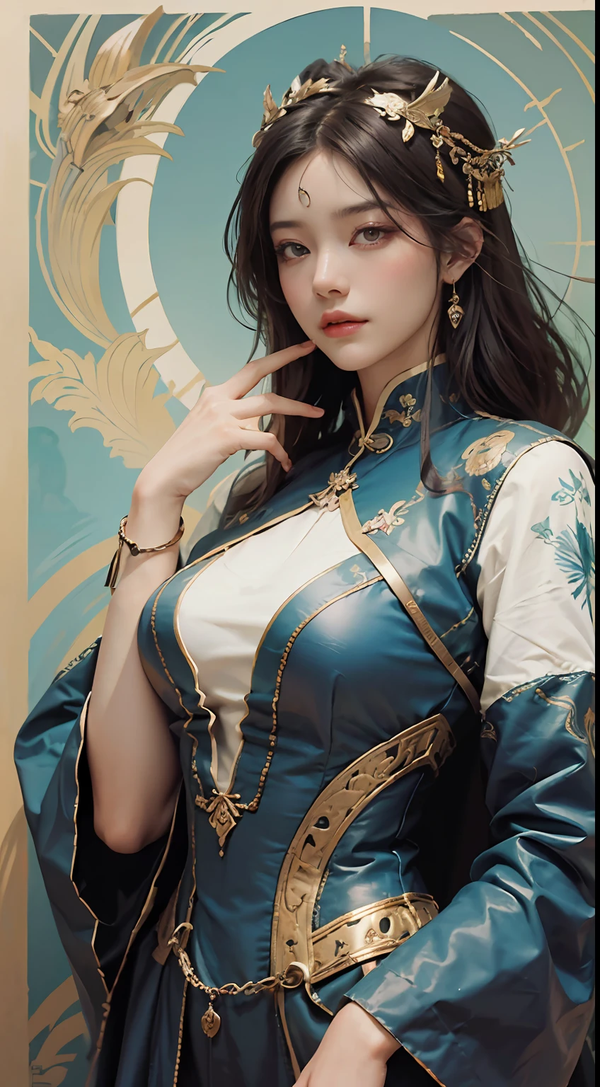 High quality, Masterpiece, Masterpiece, Traits du visage exquis, cheveux exquis, Des yeux exquis, cheveux de couleur exquise, 4K image quality, Beautiful light and shadow, Effet Tyndall, halo, messy hair, Young state, Beautiful scene, Exquisite clothing, chains, Plume, Ancient Chinese beauty with big, highly detailed eyes, digital painting, ArtStation, Art conceptuel, mise au point nette, illustration, Dessins de Greg Rutkowski et Alphonse Mucha et Victo Ngai