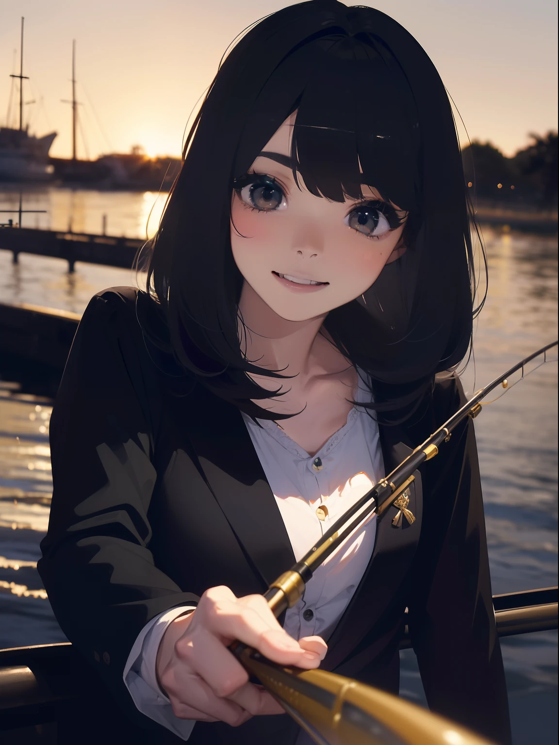 ((((Having a fishing rod with a reel by the lakeside)))),((Best Quality, masutepiece :1.3)),((( Large Mouth Bass))),hight resolution,ultra-detailliert,Beauty and aesthetics,masterpiece,best qualtiy,(1 Japanese woman),Black hair, long eyeslashes, Solid Circle Eyes, smile, drop shadow, Atmospheric perspective,Super Detail, ccurate, small brest,(Black jacket :1.1),top-quality, absurderes:1.2, blurry backround, bokeh dof:1.2, a picture, (masterpiece:1.3), (intricate detailes:1.2), Atmospheric perspective,Super Detail, ccurate,