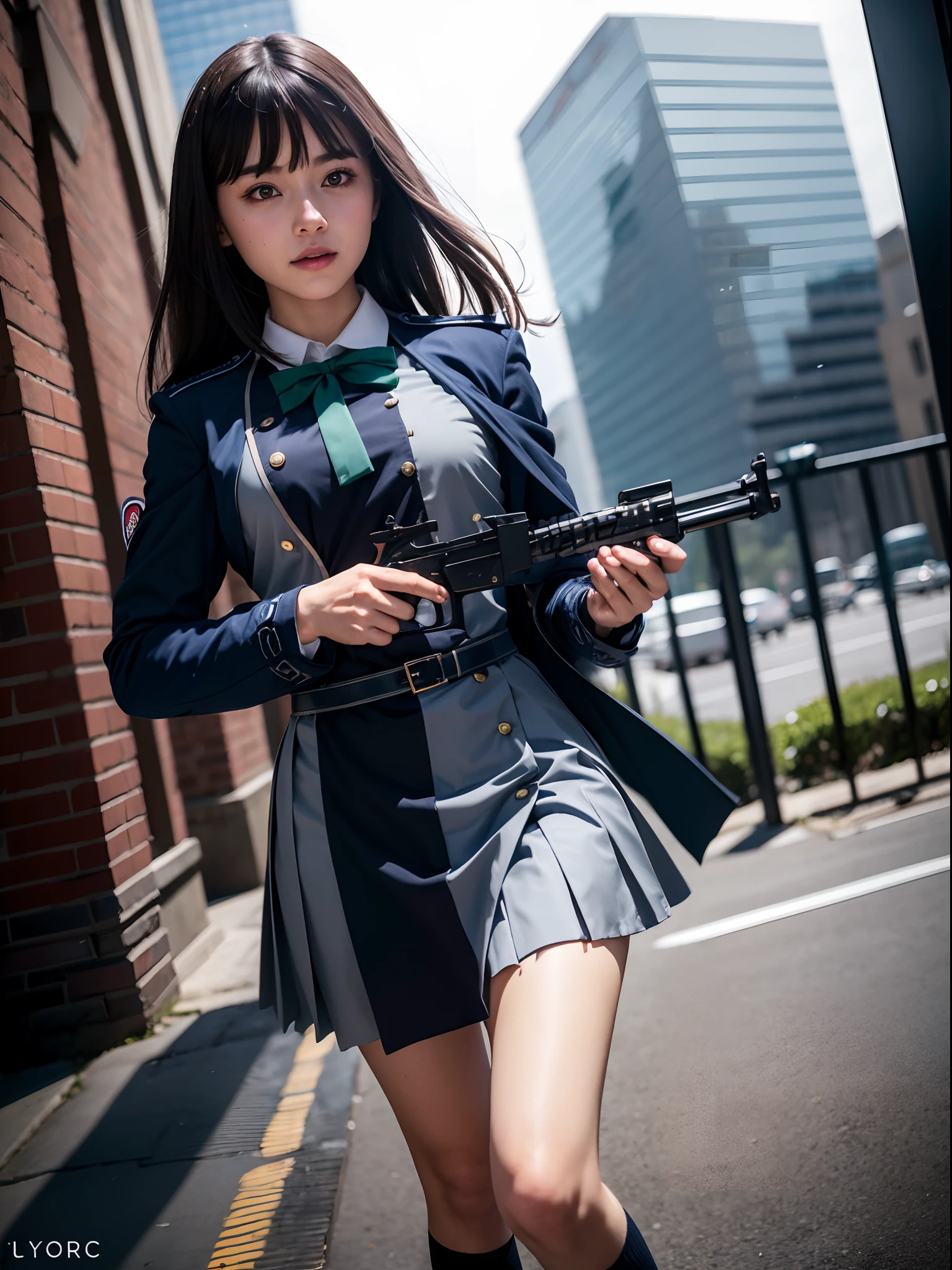 (masterpiece, best quality:1.4), (full body), (standing:1.2), 1girl, gun, solo, inoue takina, long hair, bangs, black hair, (purple eyes:1.2), BREAK shirt, long sleeves, dress, ribbon, school uniform, white shirt, collared shirt, belt, neck ribbon, blue dress, green ribbon, pleated dress, grey dress, two-tone dress, blue belt, (lycoris uniform:1.5), holding a gun, at the city  looking at viewer, beautifull smile, beautiful face, highly detailed face, highly detailed eyes, highly detailed skin, skin pores, subsurface scattering, realistic pupils, full face blush, full lips, detailed background, depth of field, volumetric lighting, sharp focus, absurdres, realistic proportions, good anatomy, (realistic, hyperrealistic:1.4), 16k hdr,