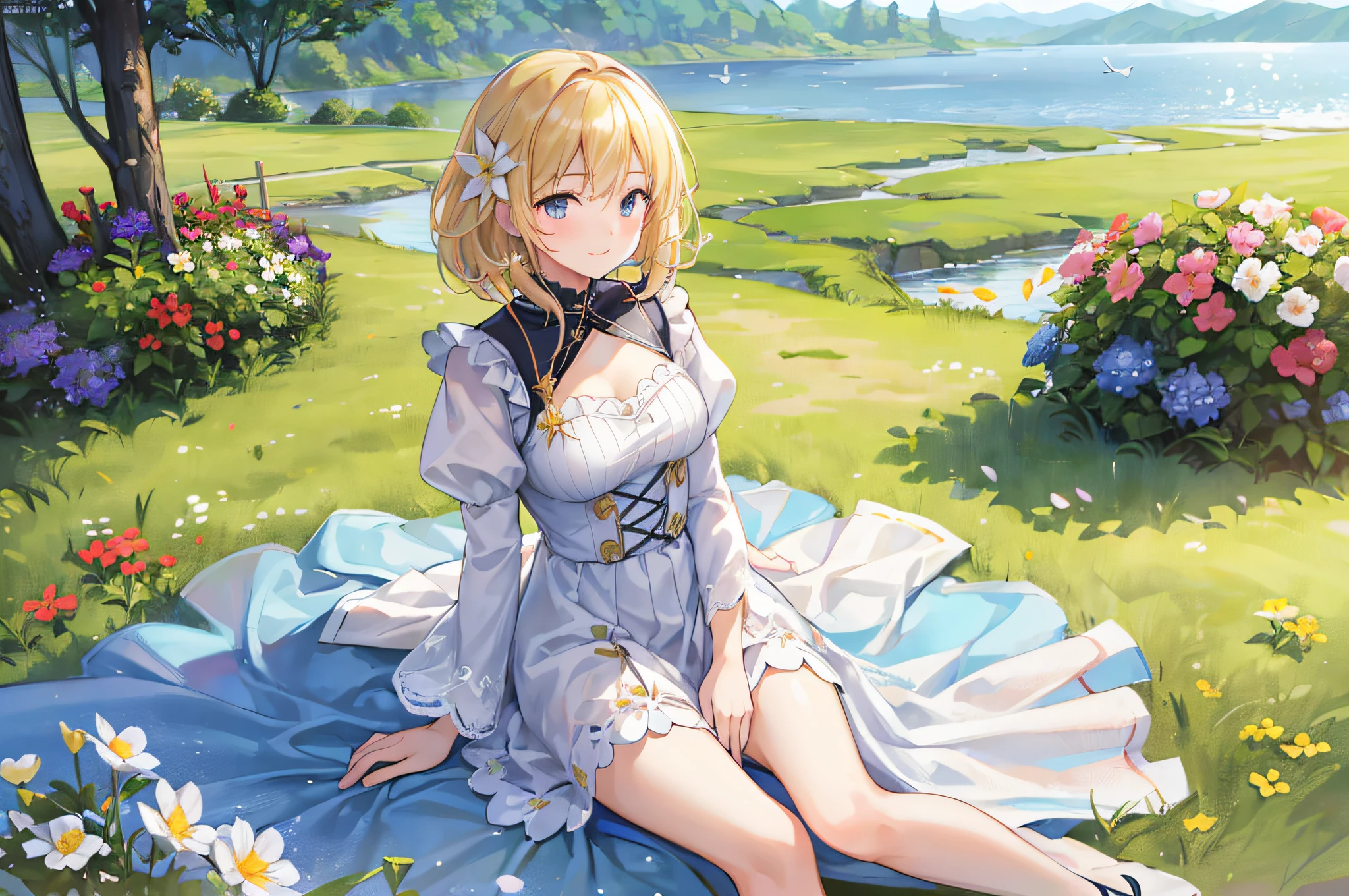 The person is bottom of the area, 1girl, solo, Fun, Happy, smiling, looking at cloud, (flower field of Eden: 1.2), River side, Picks flowers, front of forest, The girl He's asleep., distant view, landscape-centric, birds eye view, (Best quality), (masterpiece:1.3), (photorealistic:1.36), (realistic), Hi-resolution, (Highly detailed CG Unity 8k wallpaper), depth of field, Smooth hair, detailed hair, very fine hair, High-waisted dresses, puff sleeves, spring sunshine, spring flowers and grasses, natural light, Very beautiful and fantastic space.
