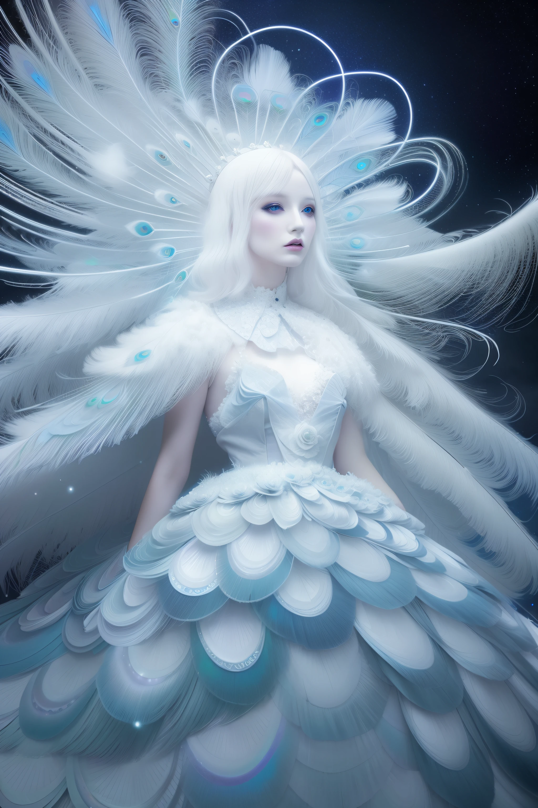 Albino woman wearing starry colored white peacock feathers, in the style of natalie shau, naoto hattori, jessica drossin, dreamlike, ethereal, harmonious color palette, dark white and light azure, spirals, flickr —ar 2:3 —uplight —s 250