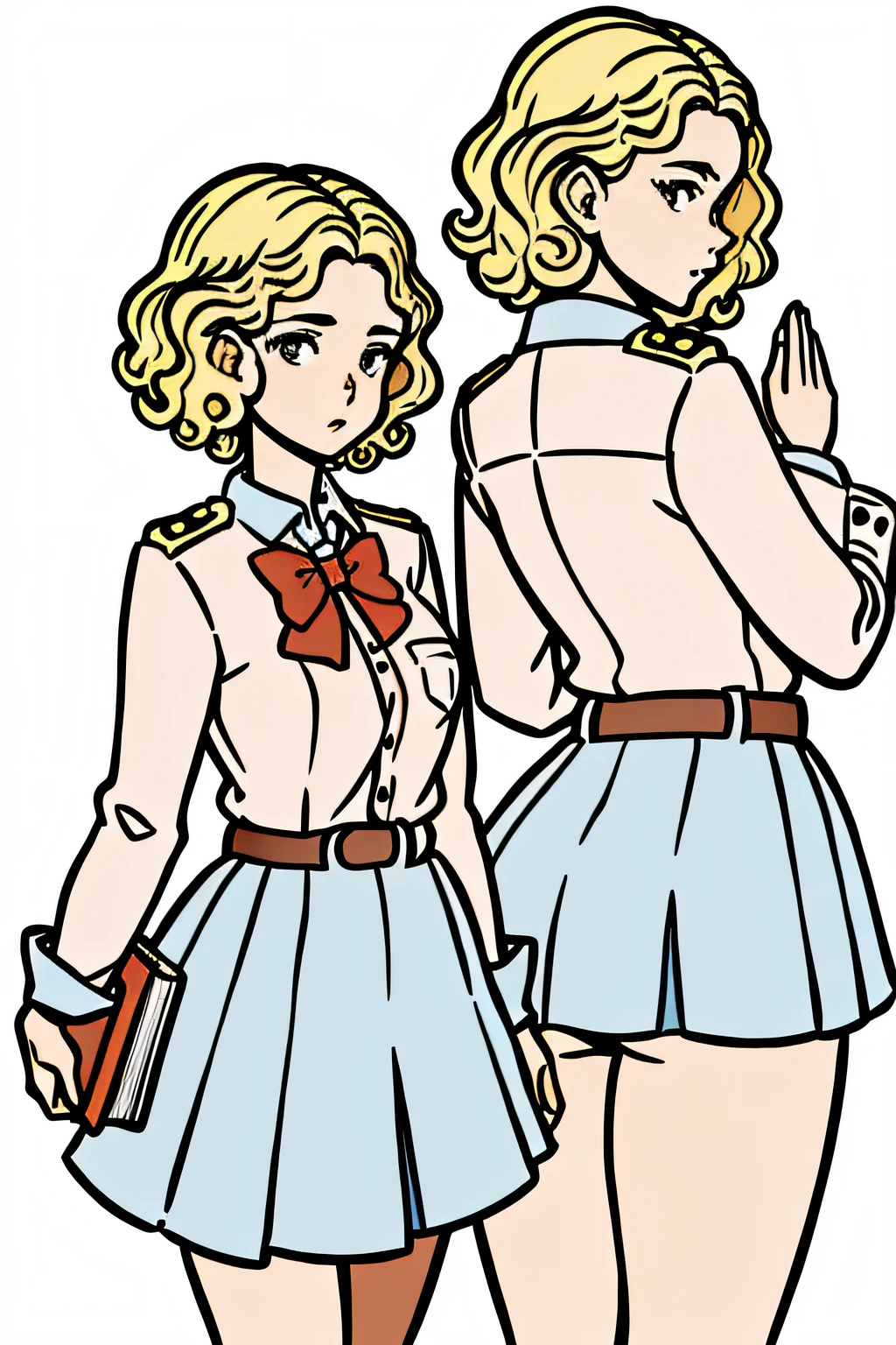western illustration, masterpiece, best quality,
a girl with short curly hair, waving to the viewer (us)
in school uniform, ((From several different angles))
from opposite, From behind, from the profile,
in the style of childreb book charecter, charecter sheet, white background, adjective + object, character sheet, children book character, white background, blonde hair, closed mouth, white background, looking at viewer, short hair,