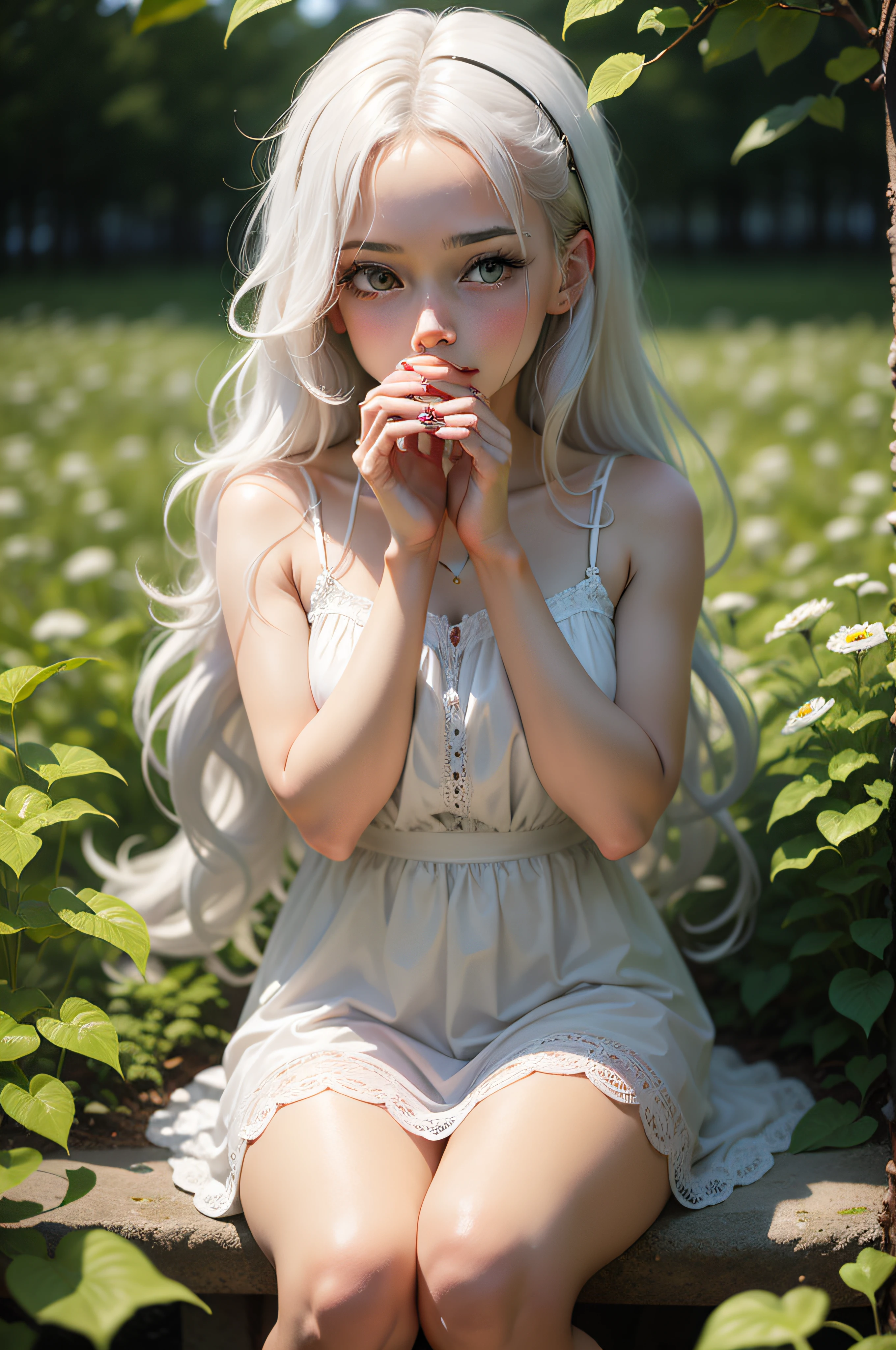 (masterpiece, best quality),1girl with long white hair sitting in a field of green plants and flowers, her hand under her chin, warm lighting, white dress, blurry foreground