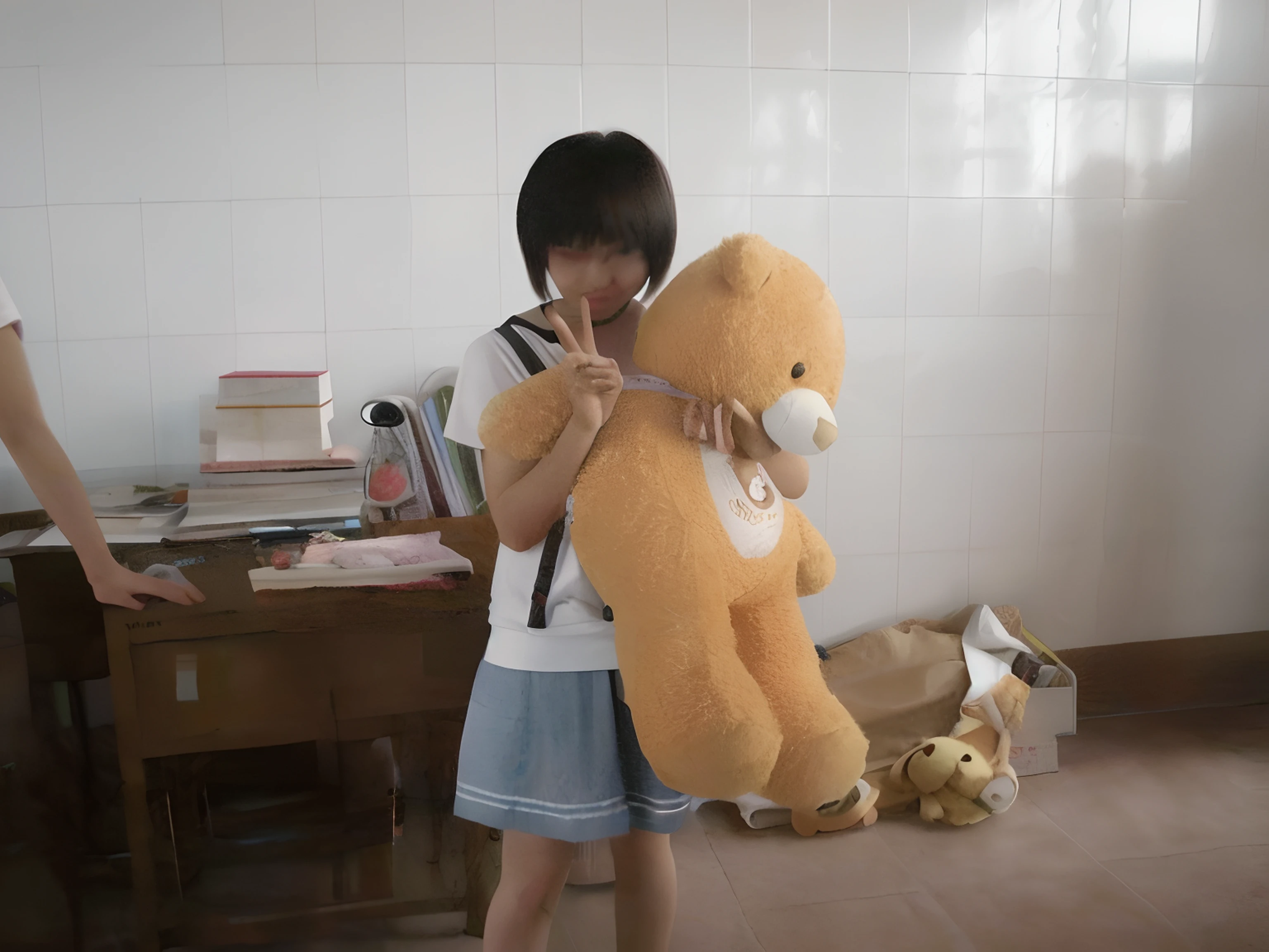 There was a woman in the room holding a large teddy bear, Holding a teddy bear, dang my linh, , plushies, Photo ( far _ Shot ), chiho, plushies, childhood friend, su fu, Photo [ far ], Also, toy bear, p. j. n, wenfei ye, plushie photography, jinyiwei