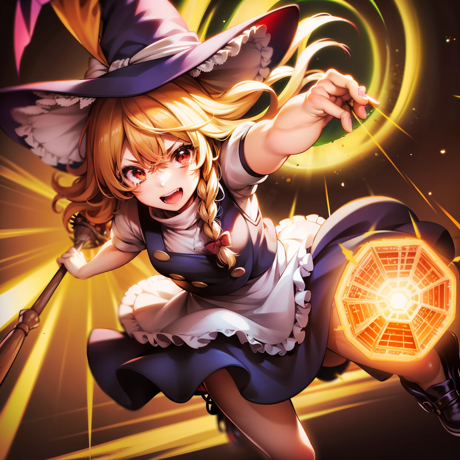 Photo of a girl dressed as a witch with a stick, 1girl in, Mixed race of Borei Reimu and Marisa Kirisame, hat, Solo, Blonde hair, style parody, Witch Hat, Red Eyes, broom, Long hair, Alfes (Style), Apron, parody, Red bow, Red bow in the cap, Full body, Smile, shoes, sarashi, Hakumine's discard, hair tubes