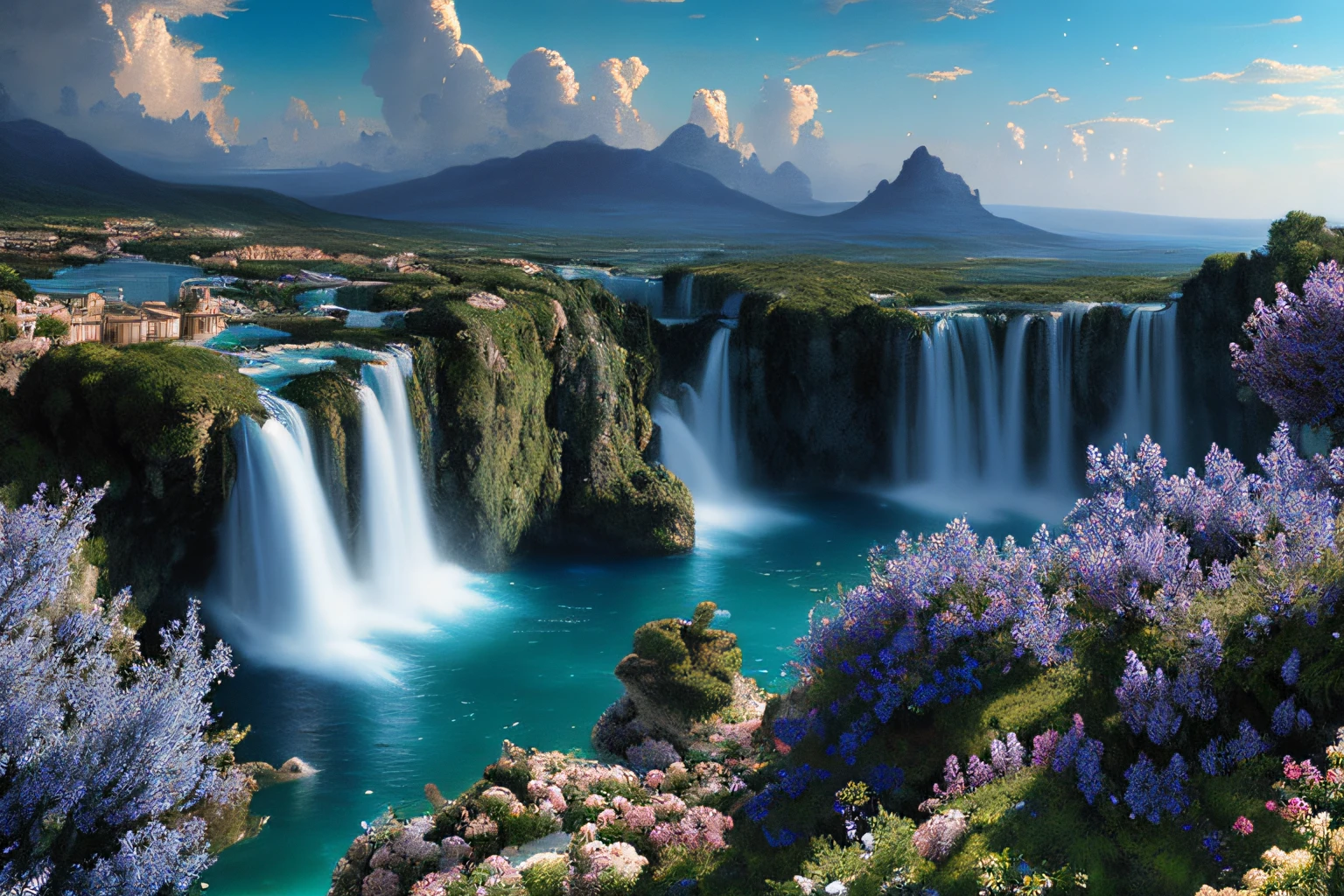 Paysage, bleu profond,glycine,cascades, Eau cristalline, ciel azur lumineux, ,(Highly detailed CG Unit 8k wallpaper), The most beautiful work of art in the world, Professional majestic oil painting, complexe, High detail, mise au point nette, dramatique, Art of photorealist painting, Alma Tadema