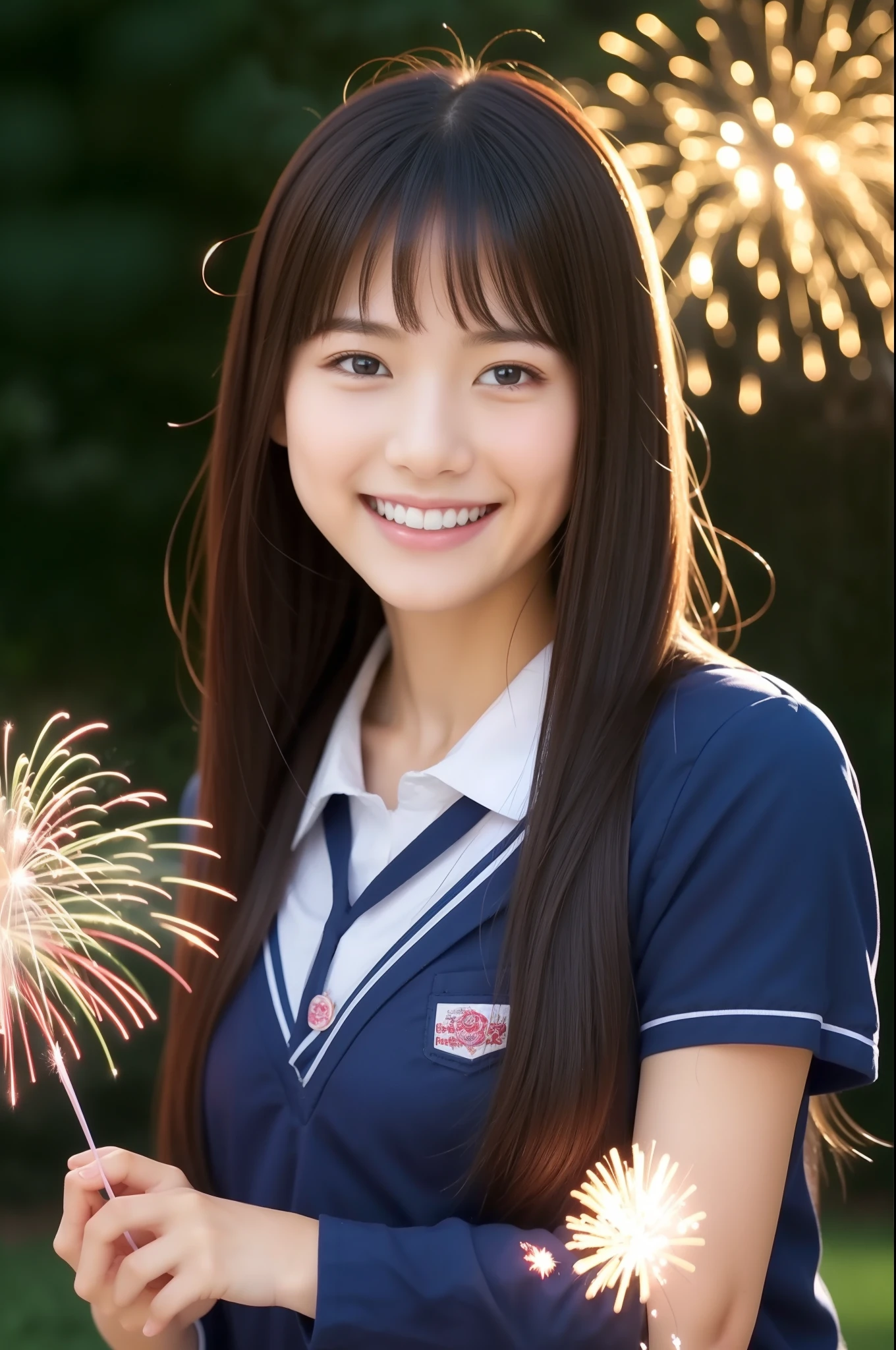 A smile、a beauty girl、hi-school girl、While doing fireworks
